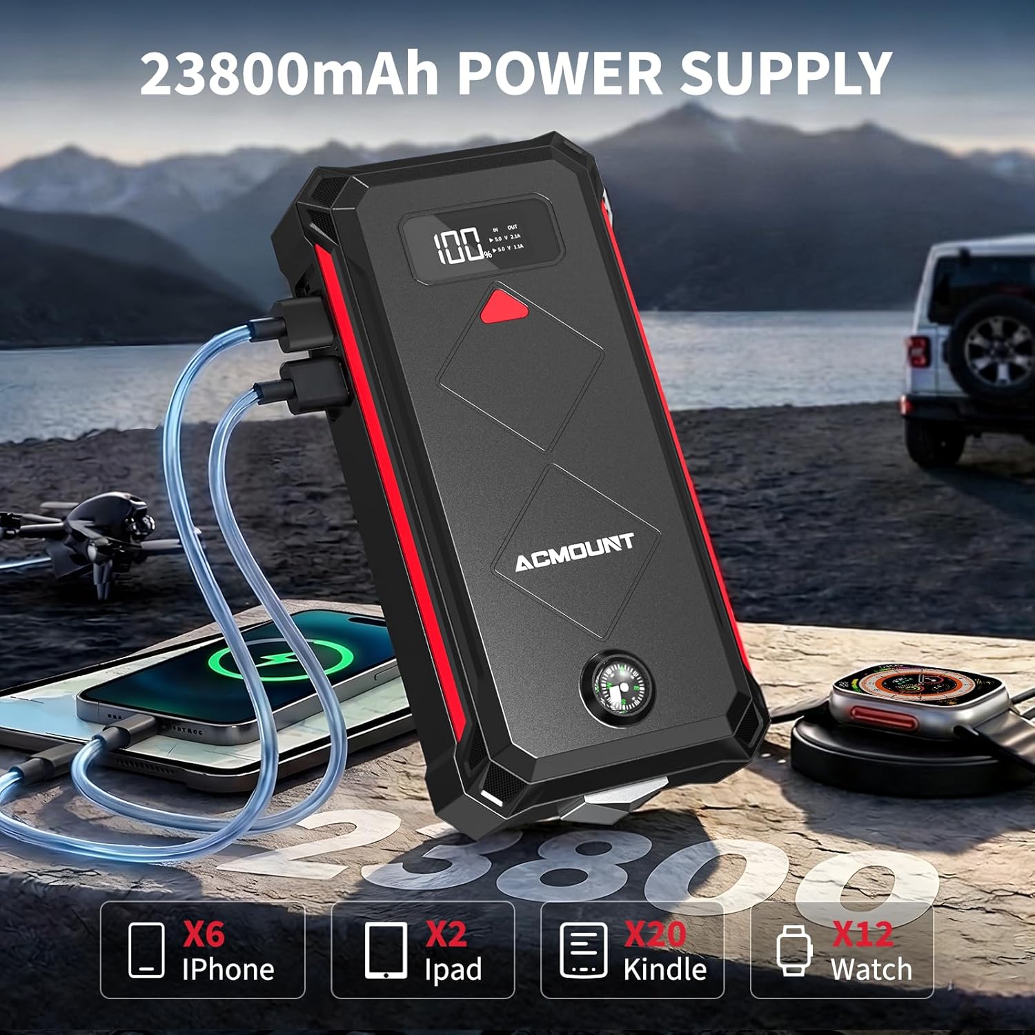 Detalle de Acmount Jump Starter Power Pack 7000A: Portable Car Battery Booster & 23800mAh Power Bank