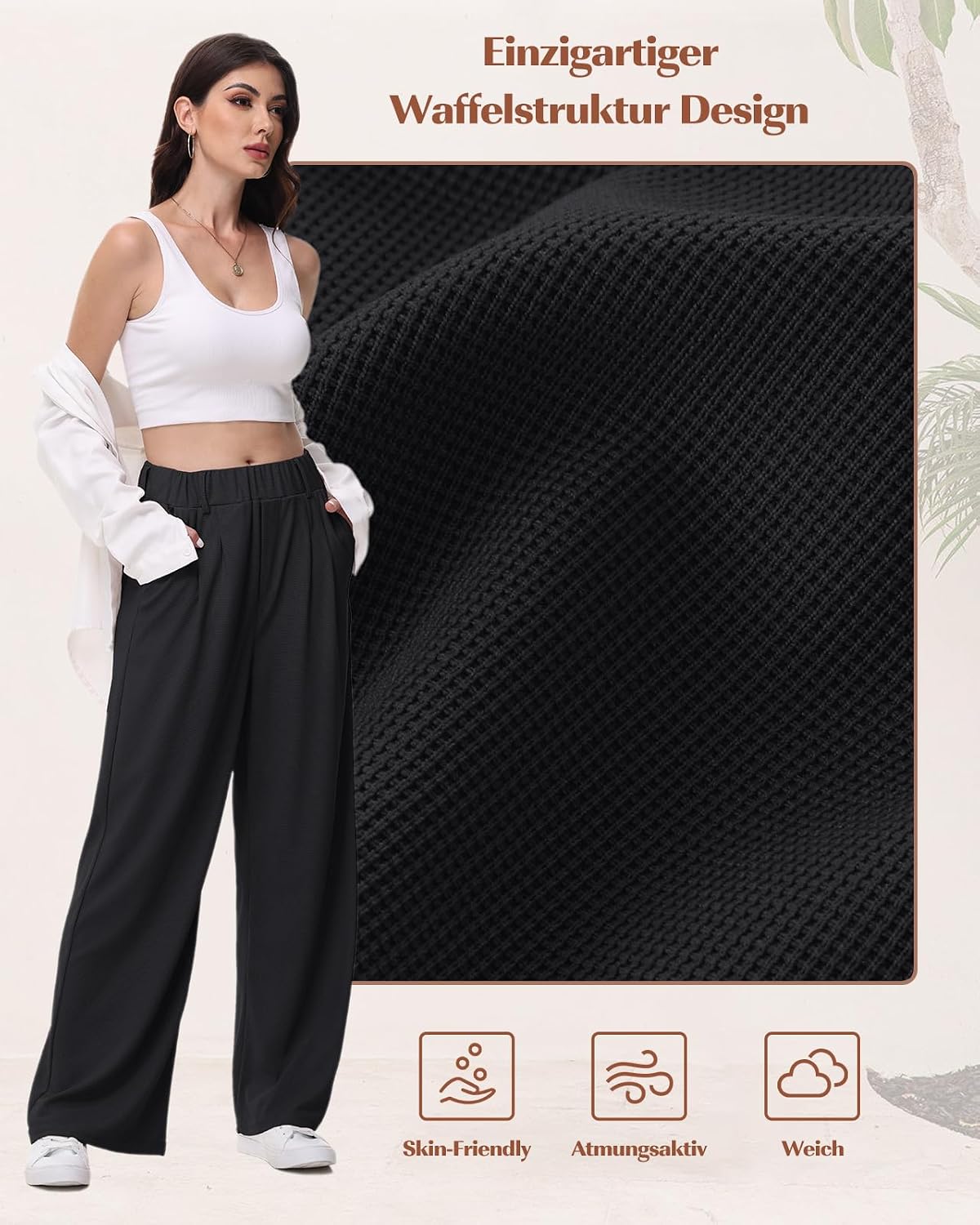 Detalle de HMIYA Weite Hose Damen – büügelfrei, leichte Palazzo Hose mit hoher Taille und Taschen