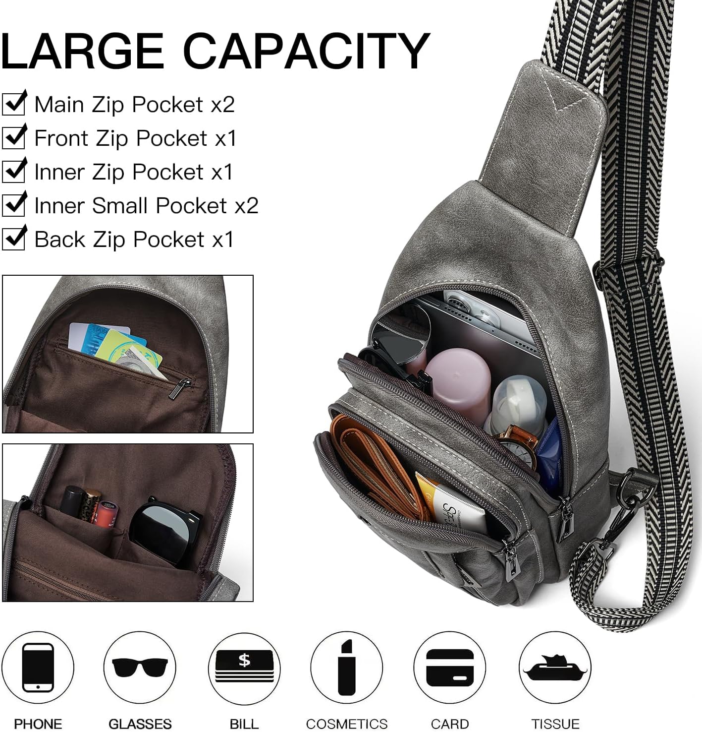 Thumbnail 3 de LATMAP 7L sling bag for women – grey crossbody chest pack with anti-theft zip
