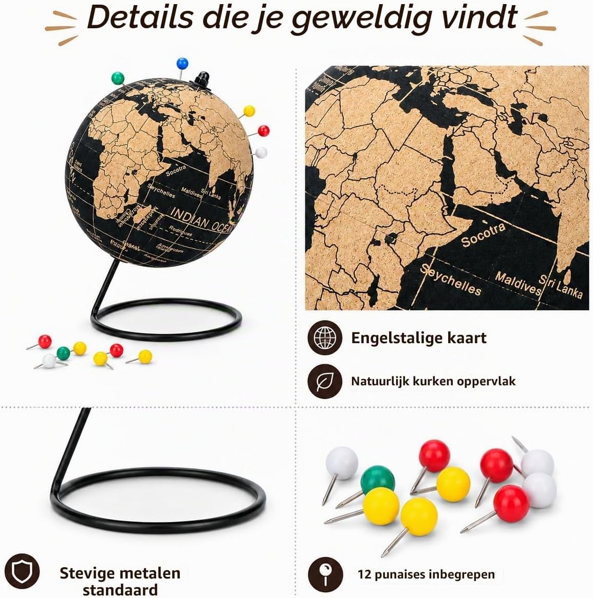 Thumbnail 3 de Exerz EX-PIN kurken wereldbol van 14 cm met Engelstalige kaart en zwarte standaard