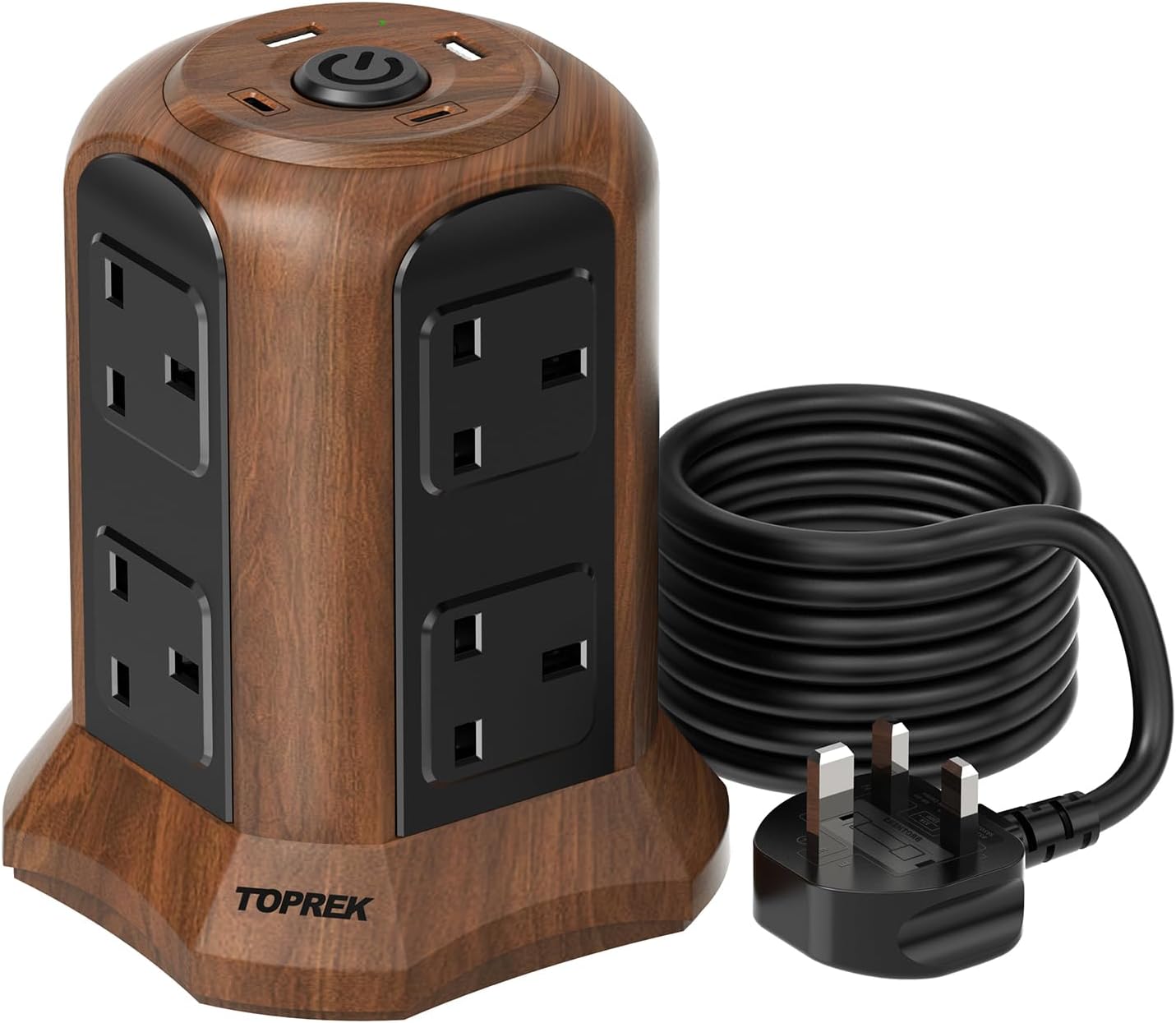 Imagen de TOPREK Wooden Grain Tower Extension Lead with USB Slots (1800J Surge) – 8 AC + 2 USB-C + 2 USB-A, 2m en OfertitasTOP