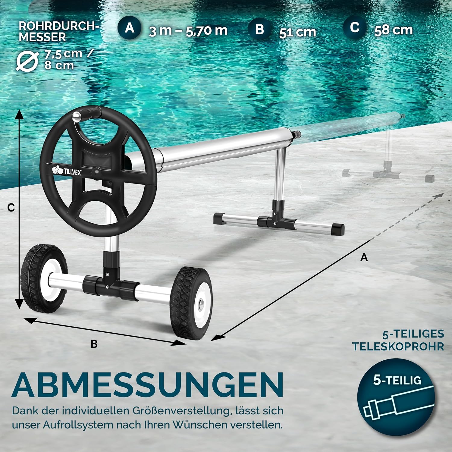 Detalle de tillvex Pool Aufroller Premium 3–5,70 m – Aufrollsystem für Solarfolie und Poolabdeckung mit Vollgummireifen