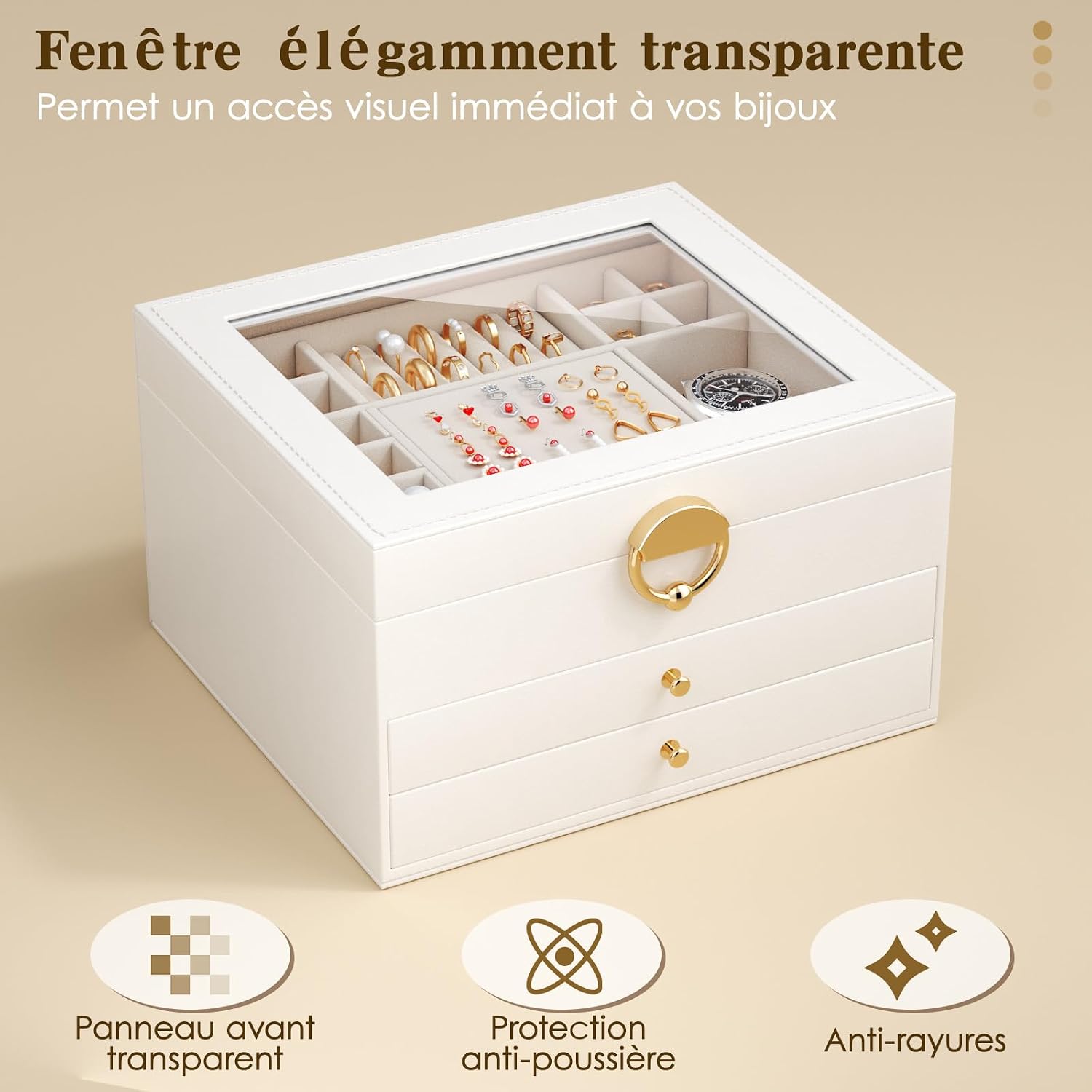 Detalle 2 de OrderlyGo Grande boîte à bijoux 3 niveaux avec couvercle transparent et velours