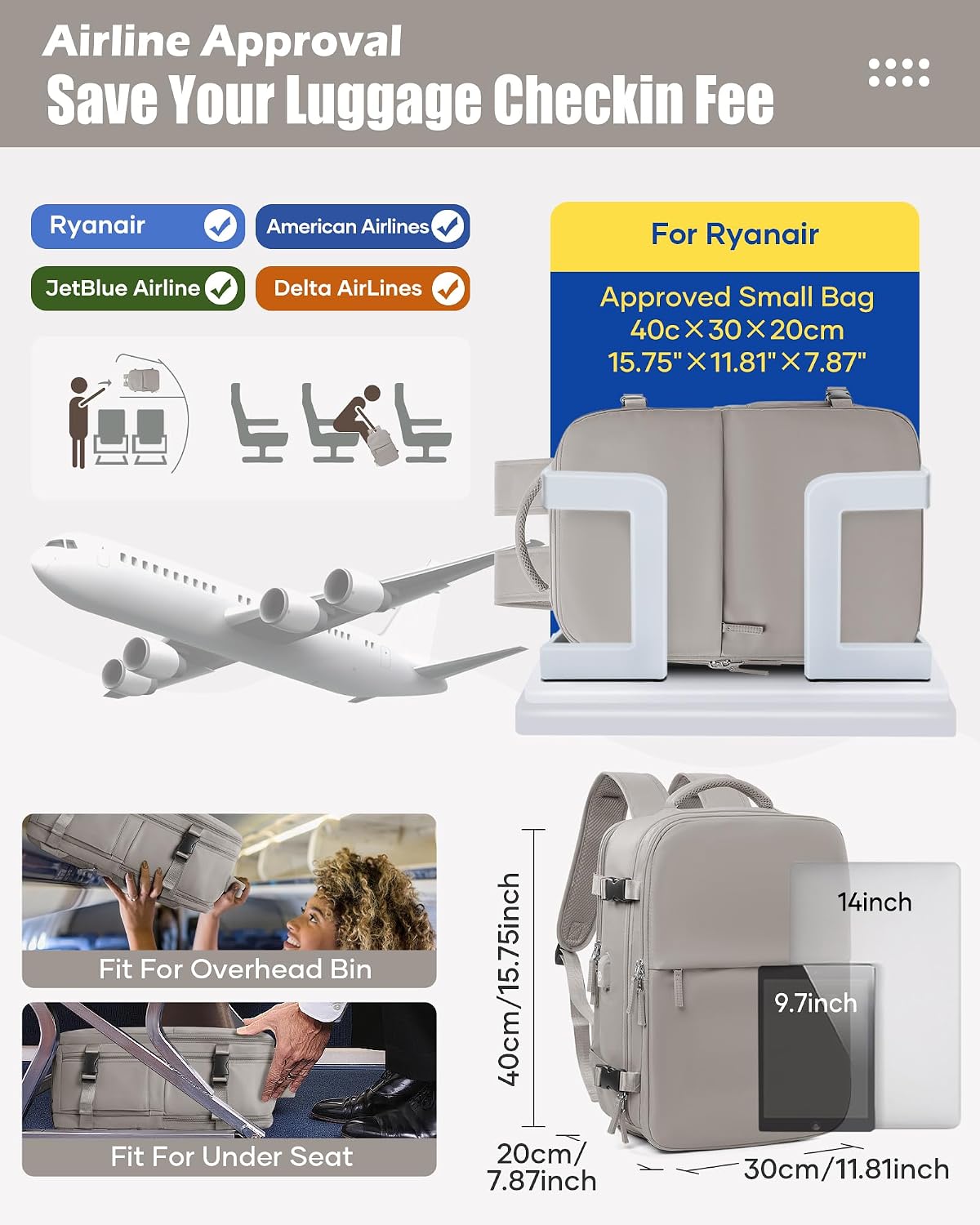 Detalle de SZLX Vakuum-Rucksack für Ryanair & Handgepäck (40×30×20/45×36×20), mit Laptopfach (14 Zoll) und Kompressionspumpe