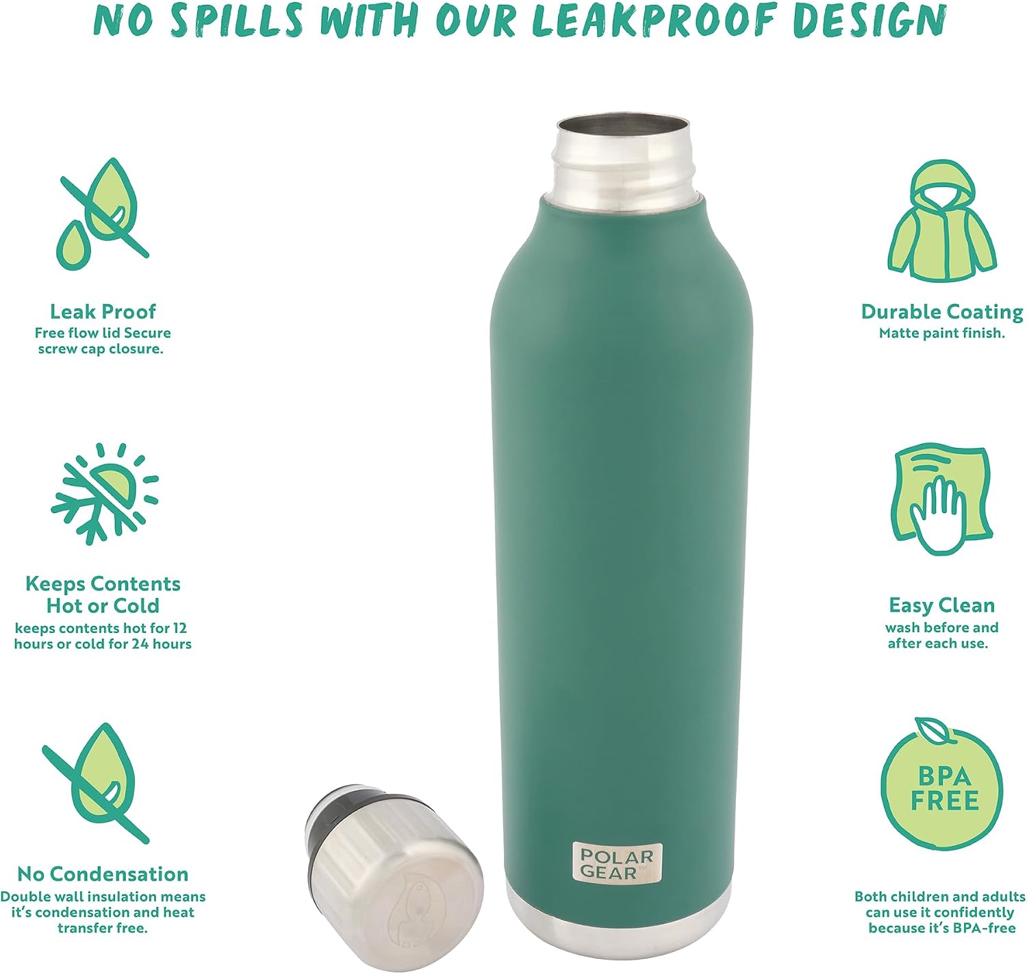 Thumbnail 5 de Polar Gear Stainless Steel Water Bottle – 500ml Vacuum Insulated, Leakproof, Green