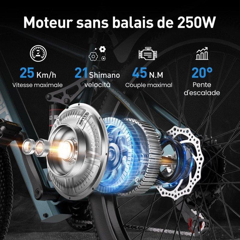 Detalle de Bicicleta Eléctrica Aairsk 26'' 250W Azul – 21 velocidades, batería 36V 13Ah