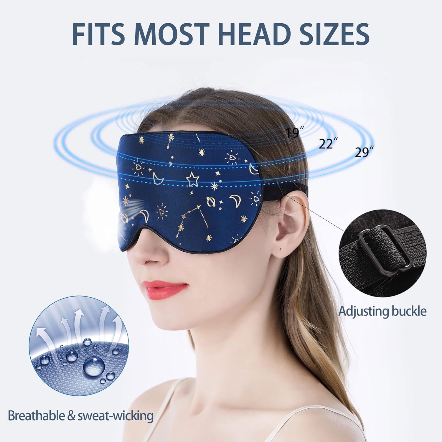 Detalle de Antifaz para dormir de seda azul estrellas