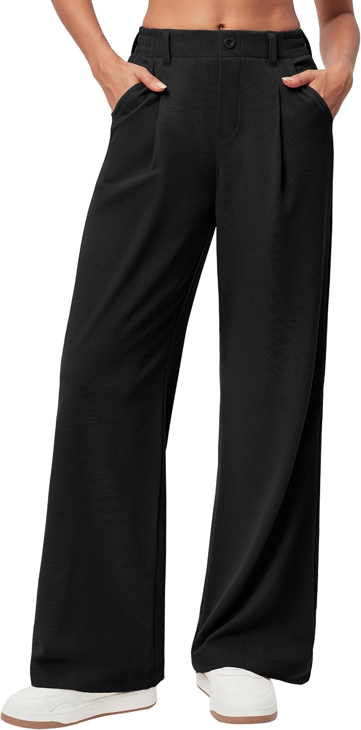 Detalle de Ewedoos Wide Leg Trousers for Women – Stretchy Palazzo Pants with Pockets for Work and Casual Wear