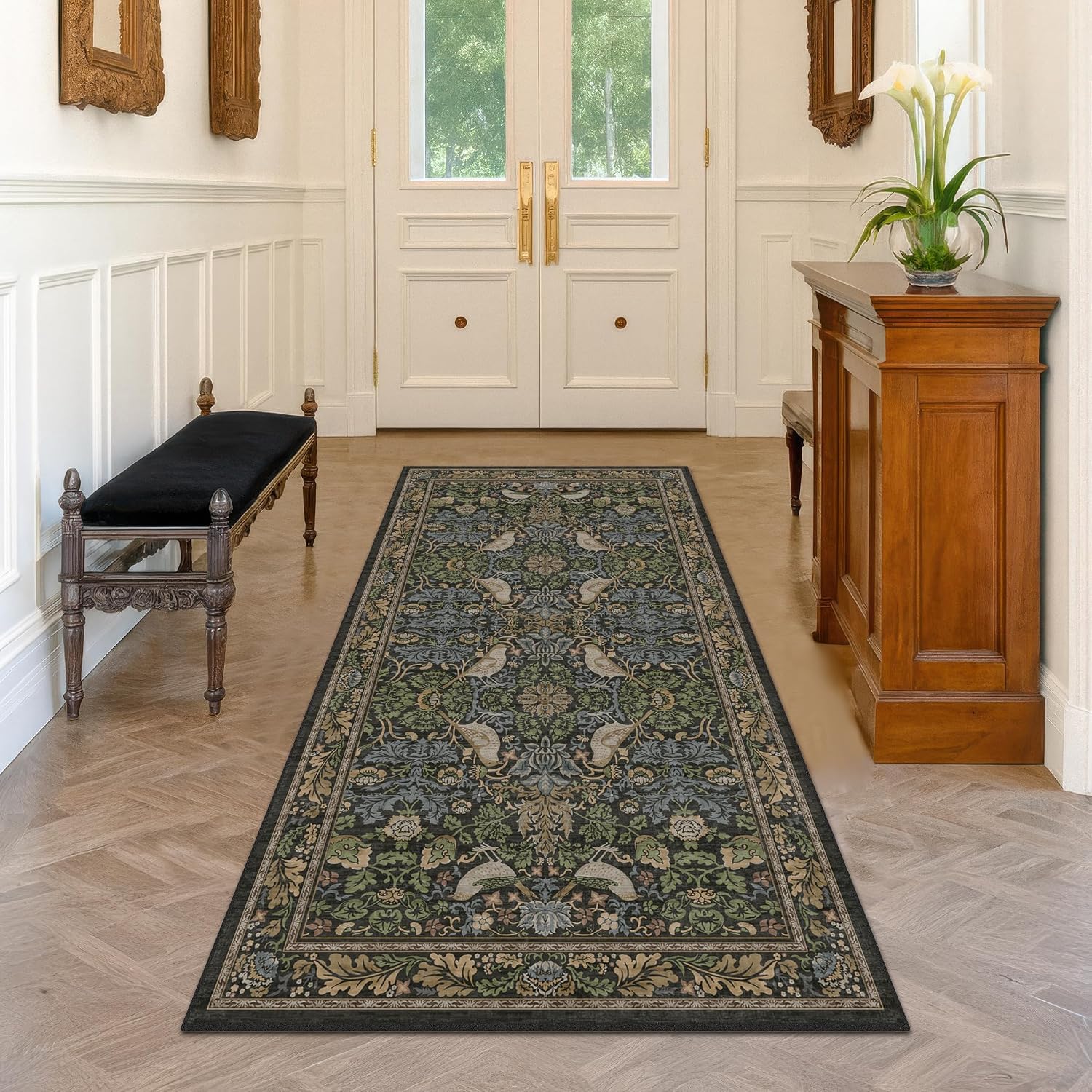 Detalle de Hazo Haus 3' x 6' Washable Area Rug, Low-Pile Woodland Floral Design