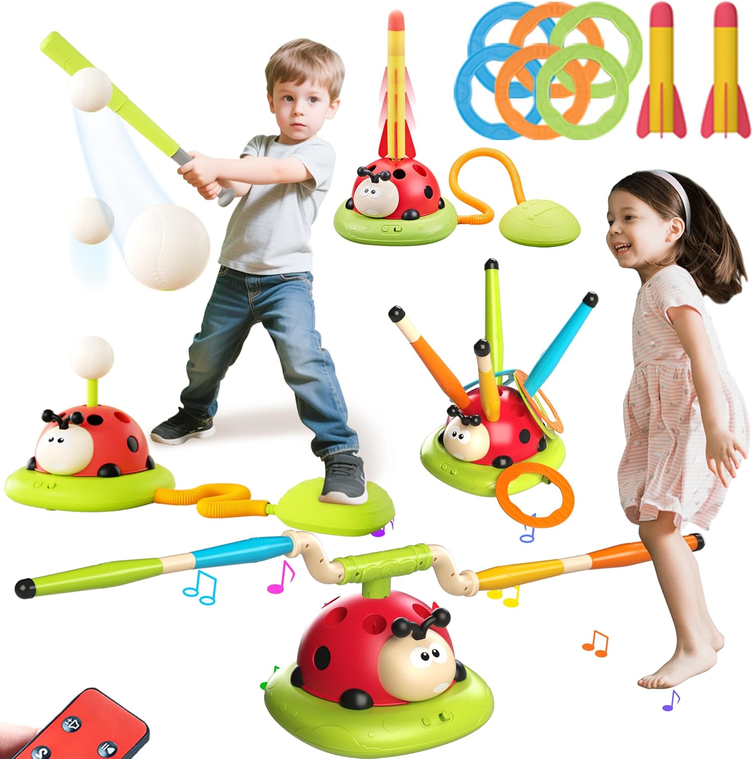 4 in 1 Musical Jump, Toss Ring Game & Rocket Launcher for Kids (Ages 4-8) with Remote