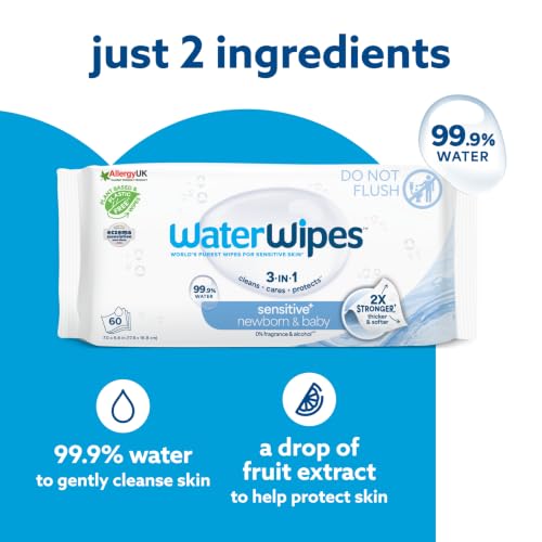 Detalle de WaterWipes Sensitive+ Newborn & Baby Wipes (99.9% Water, Unscented) – 6 Pack