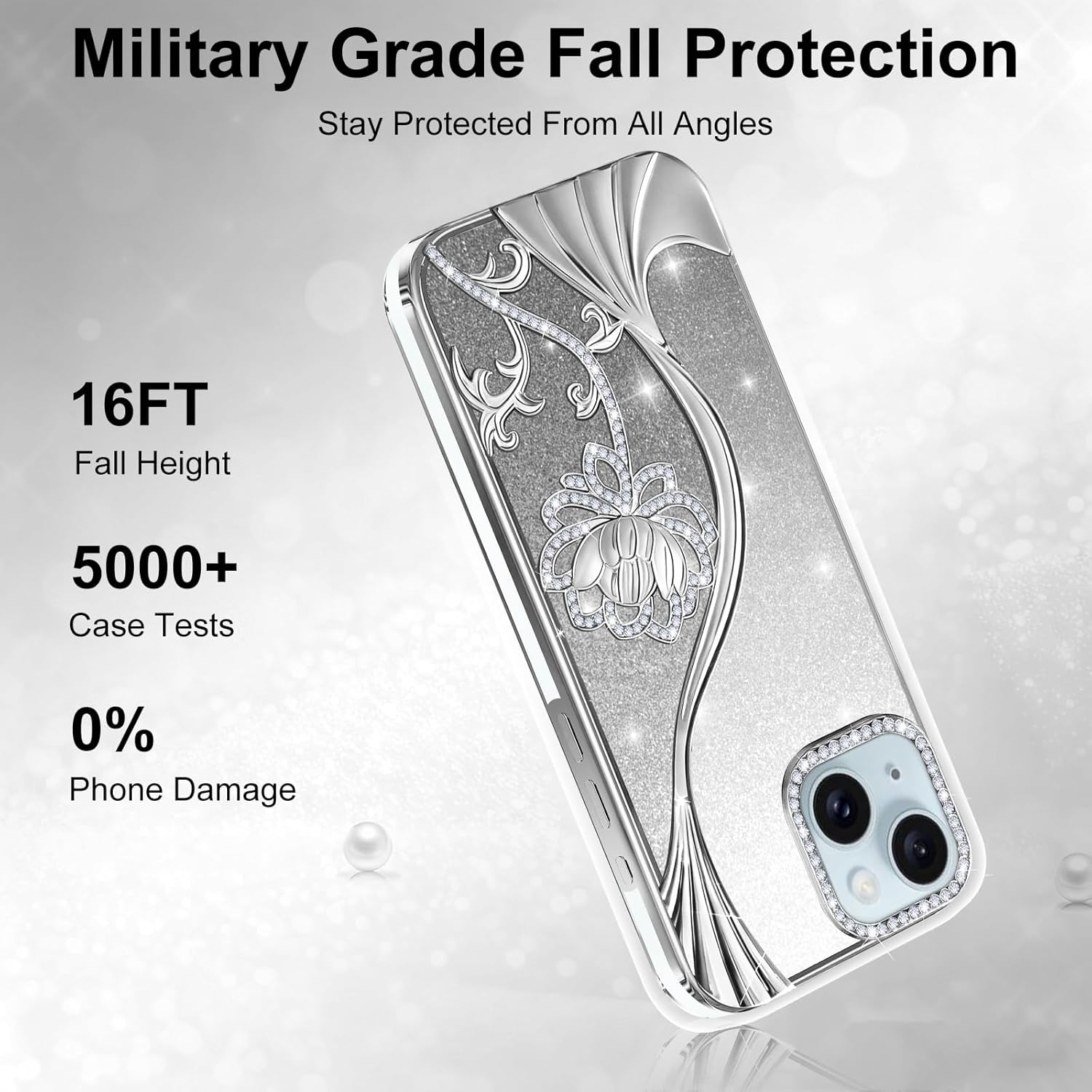 Thumbnail 1 de LEVIOSA Floral Glitter Case for iPhone 15 – Slim TPU protective cover in Silver