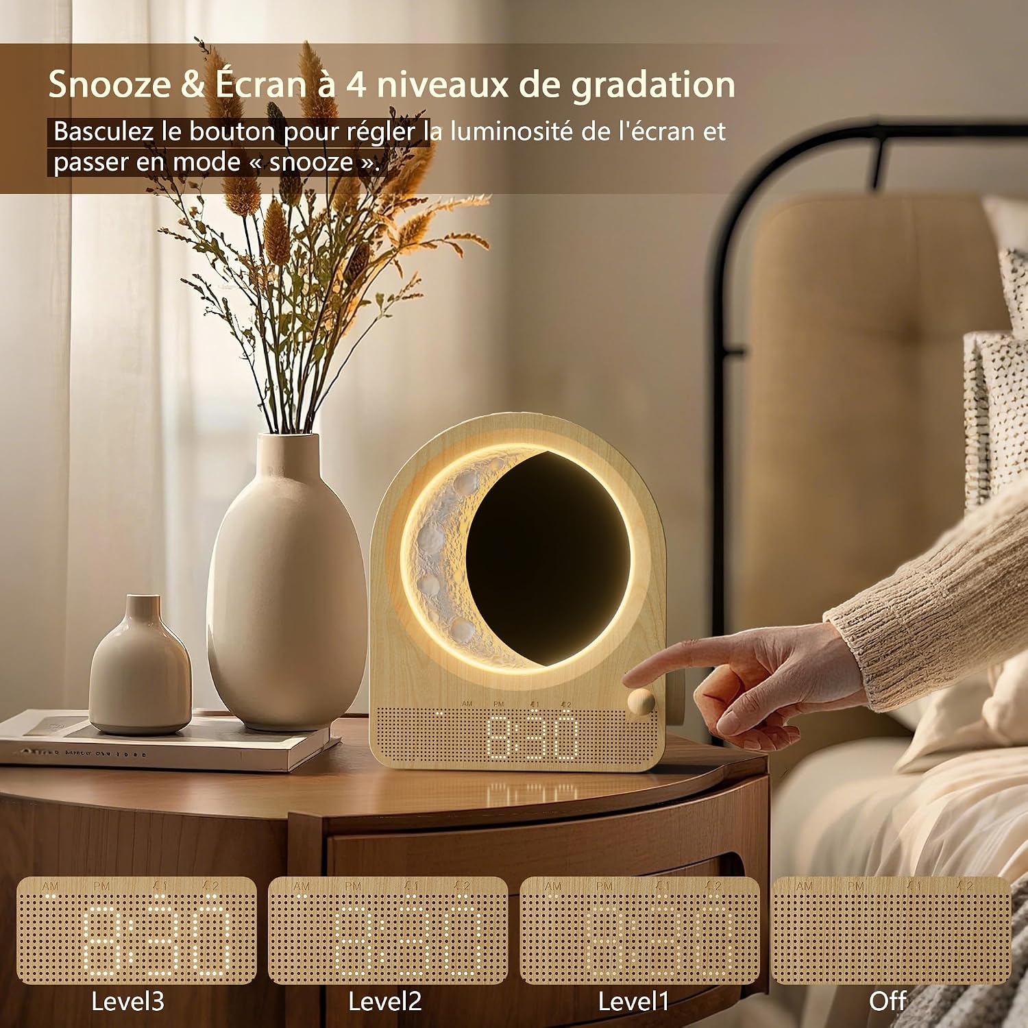 Thumbnail 6 de blonbar Lampe lune avec réveil à lumière du jour – lampe de chevet avec 2 réveils, 10 sons naturels et veilleuse nocturne