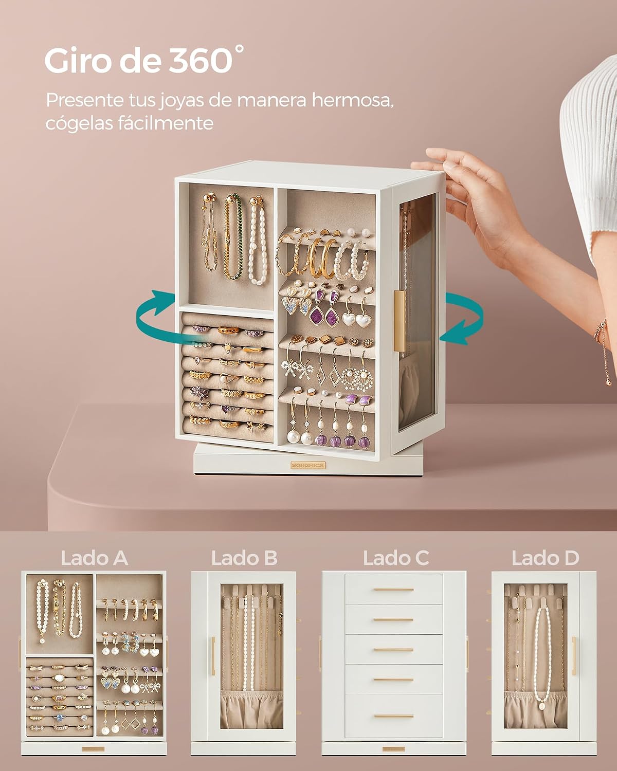 Detalle de SONGMICS Colección GISELLA: Caja Joyero Giratorio 360° JBC170W01, 5 Cajones y Ventanas de Cristal