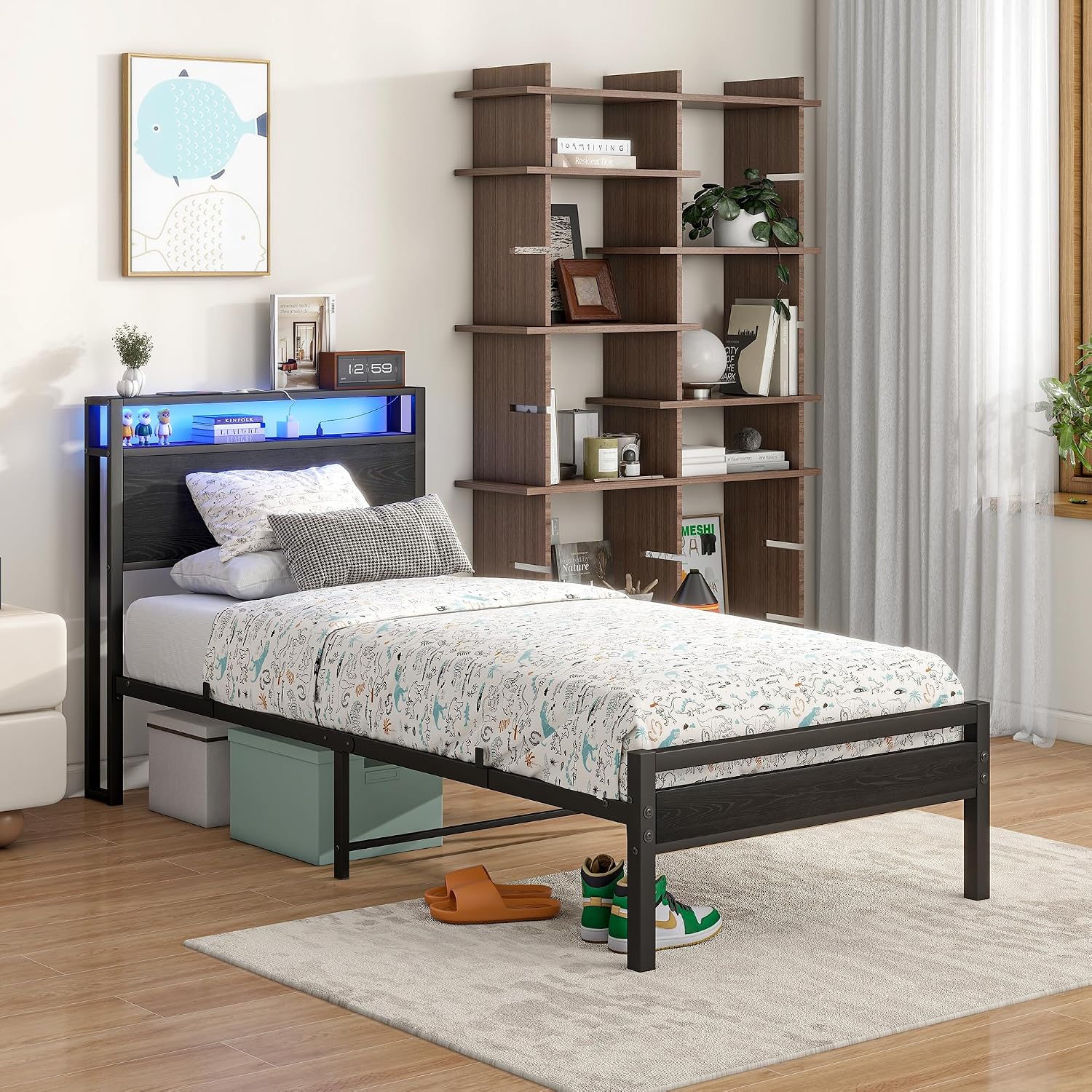 Detalle 2 de BORPHOM Letto in metallo e legno 90x200 cm con ricarica USB-C e vano portaoggetti