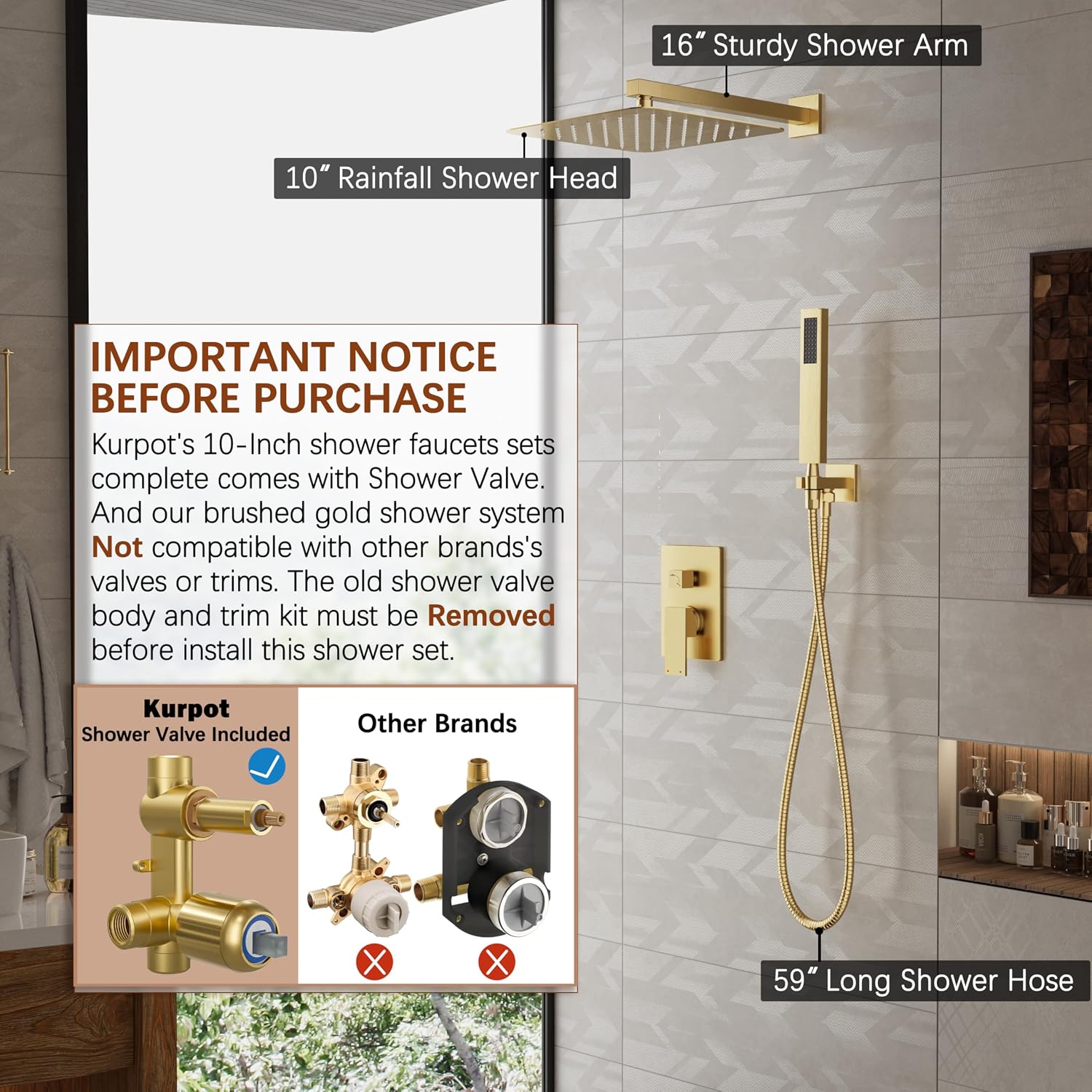 Detalle de Kurpot K103906BG Shower System, 10-Inch Brushed Gold Rain Head and Handheld