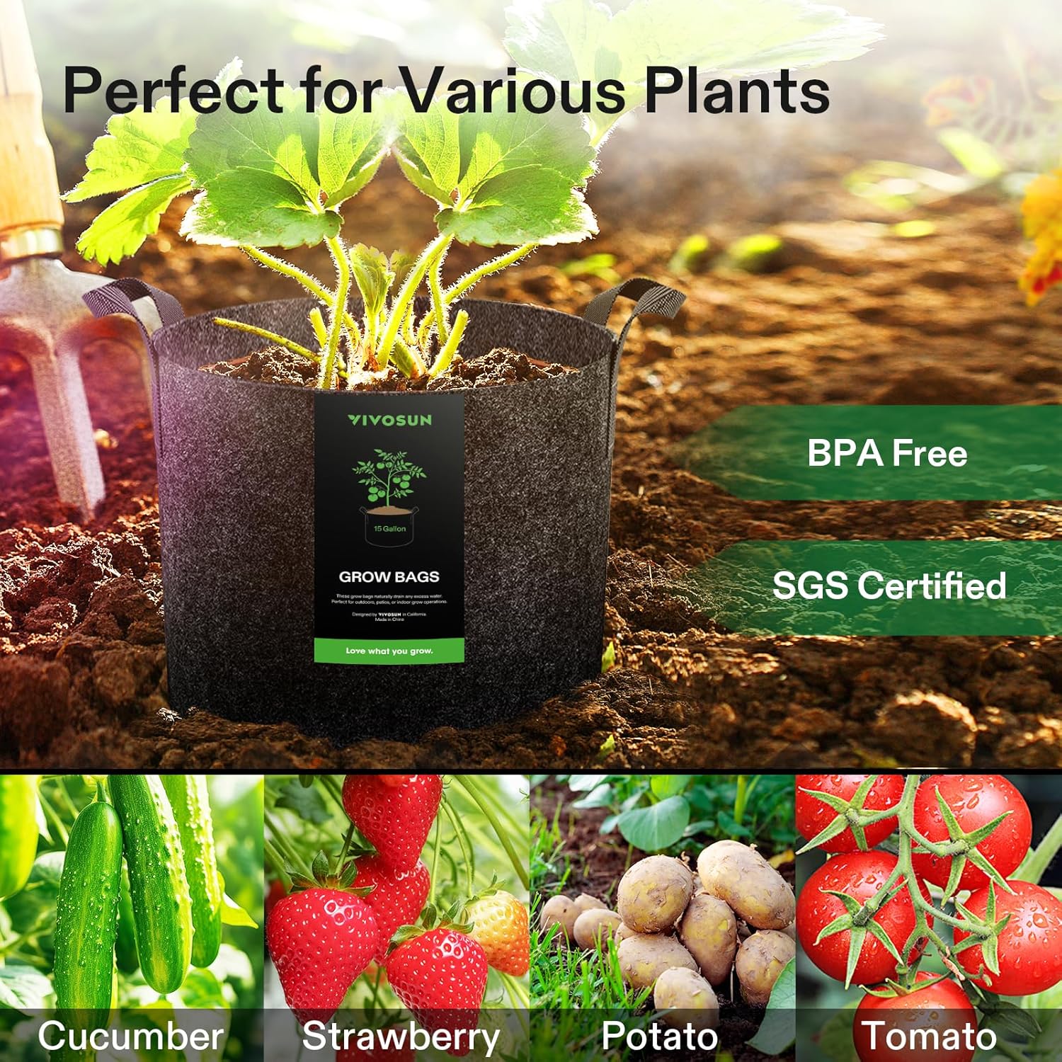 Thumbnail 6 de VIVOSUN set da 5 grow bag da 15 galloni (60 litri) in tessuto non tessuto, con maniglie