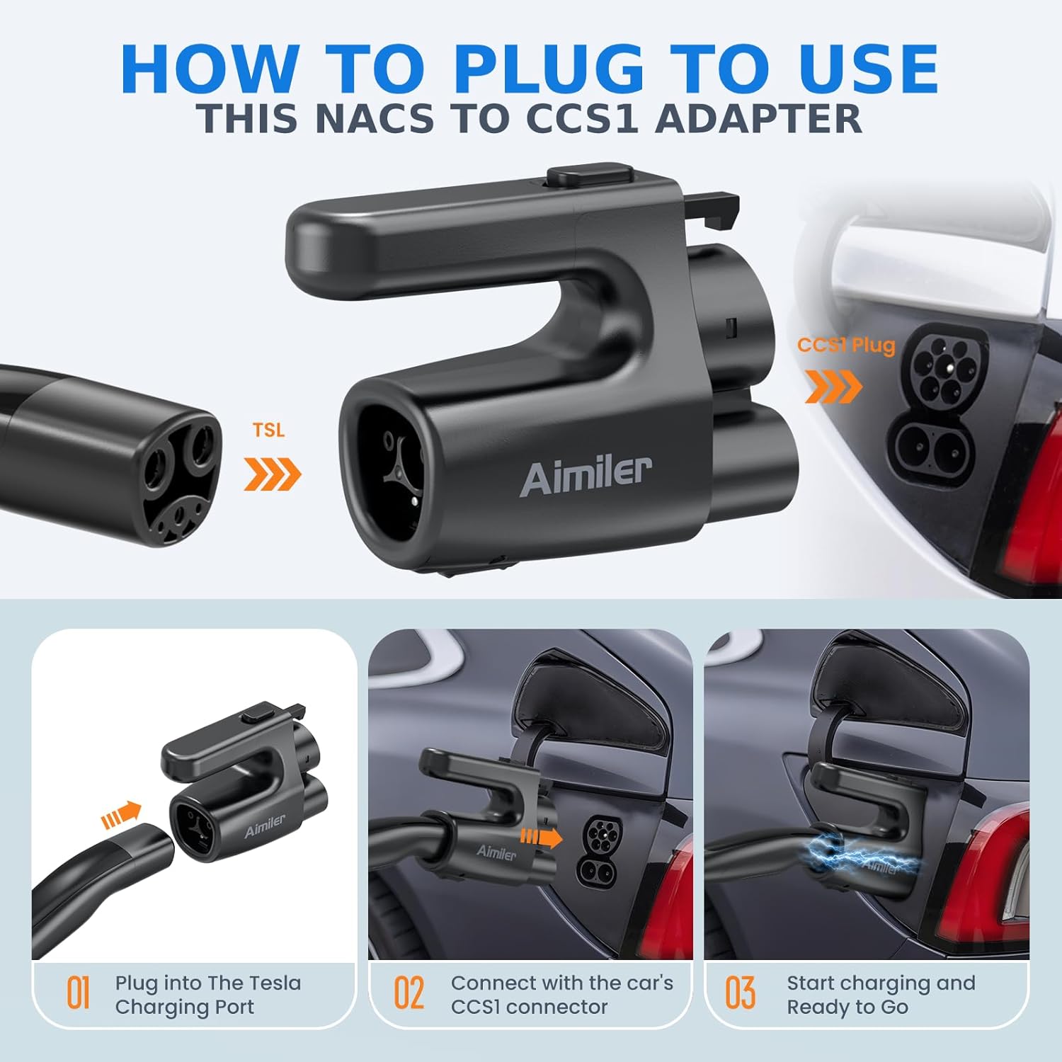 Detalle de AIMILER NACS to CCS1 Adapter: 500 Amps for CCS1 EVs at Tesla V3/V4 Superchargers