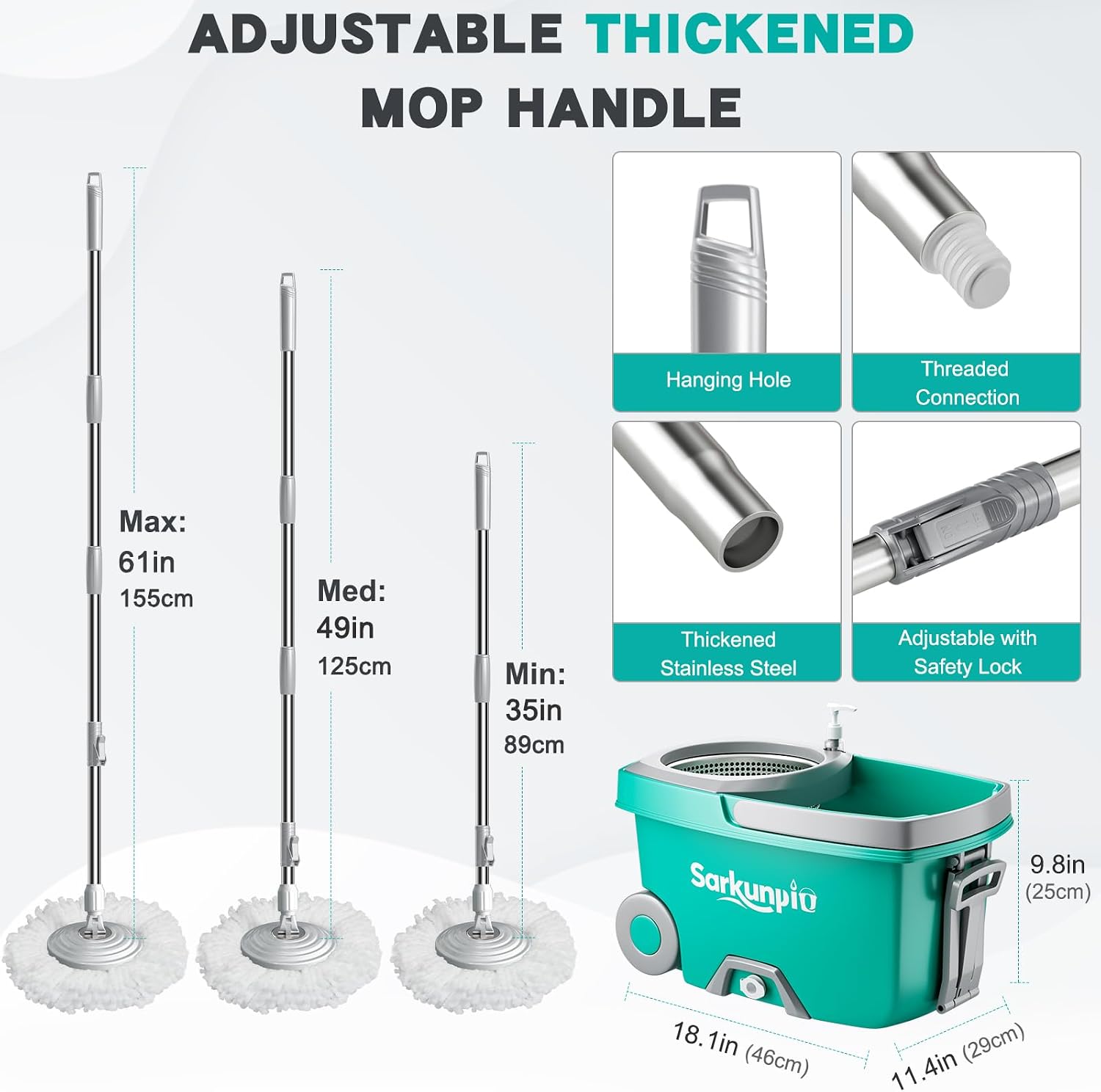 Detalle de Sarkunpio J0227D Spin Mop and Bucket Set, 6 Microfiber Heads, Teal