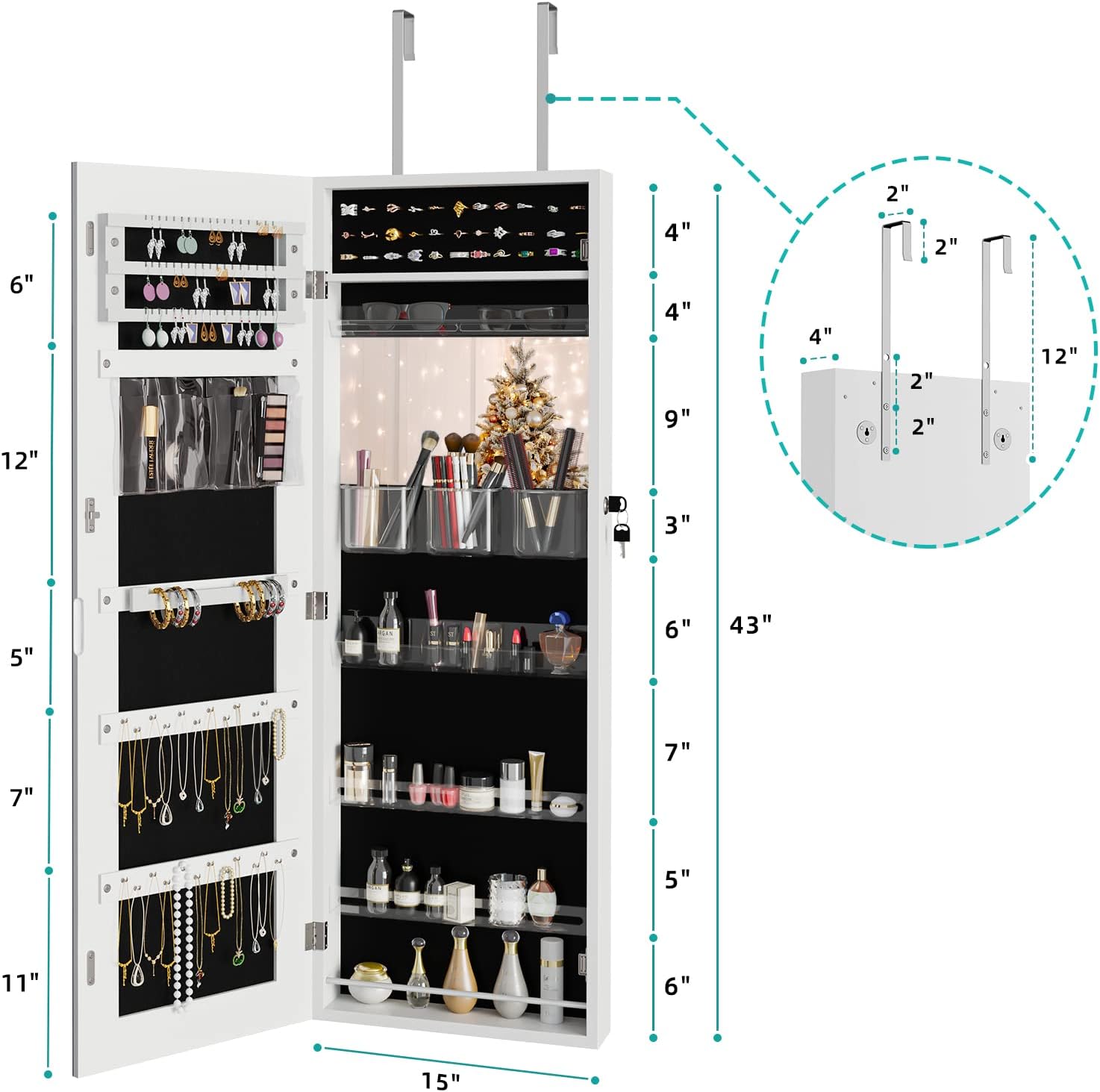 Detalle 2 de Dripex White Jewelry Organiser Wardrobe — Lockable Jewellery Mirror