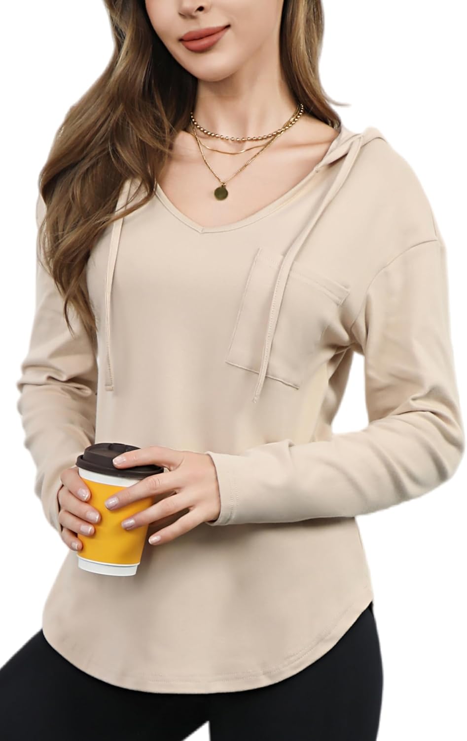 Detalle de Enjyam Damen Kapuzenpullover V-Ausschnitt Hoodie – Oversized Übergangsovershirt