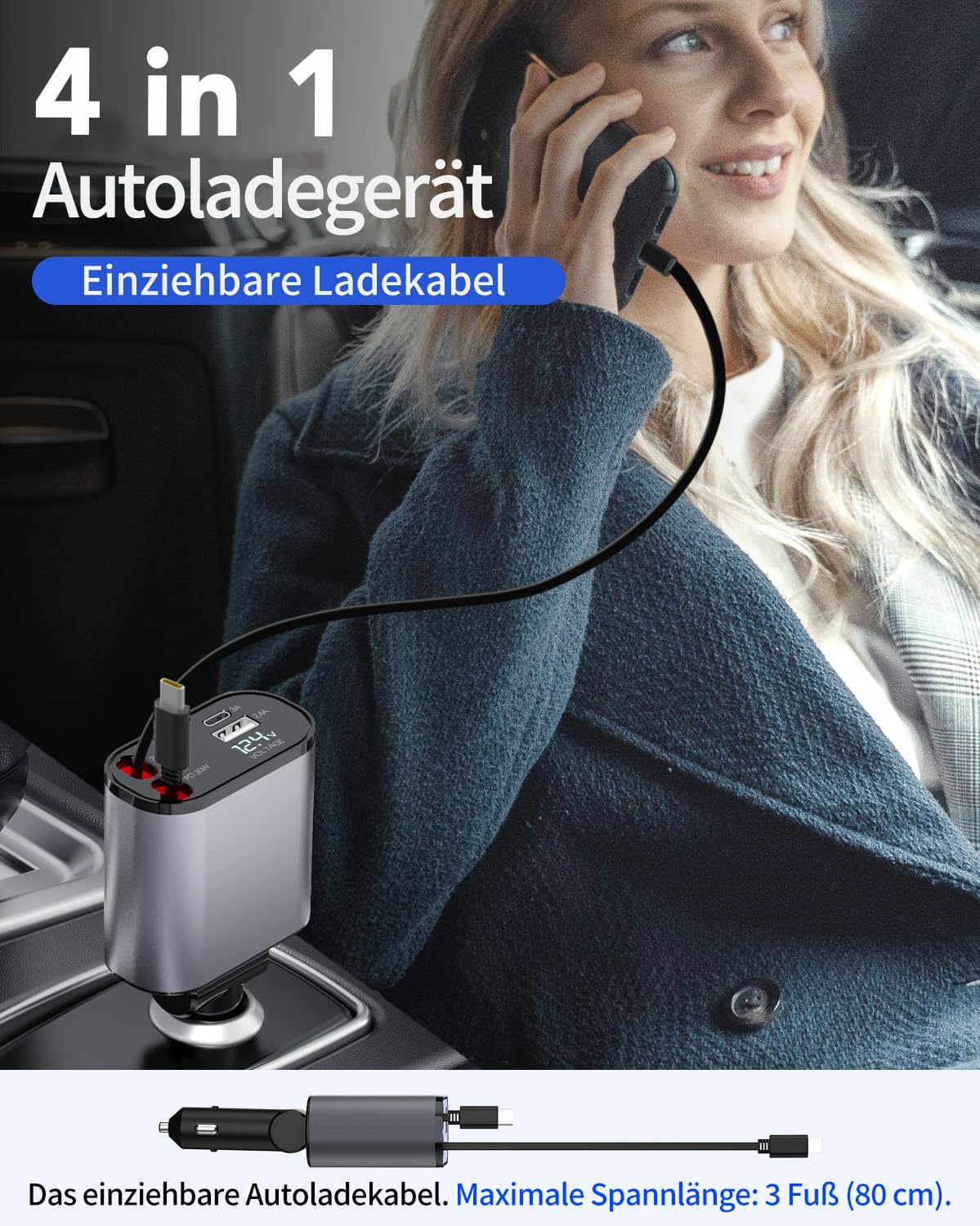 Detalle de Aimtel 4 in 1 Zigarettenanzünder USB C 66W Auto Ladegerät – inkl. einziehbarem Kabel