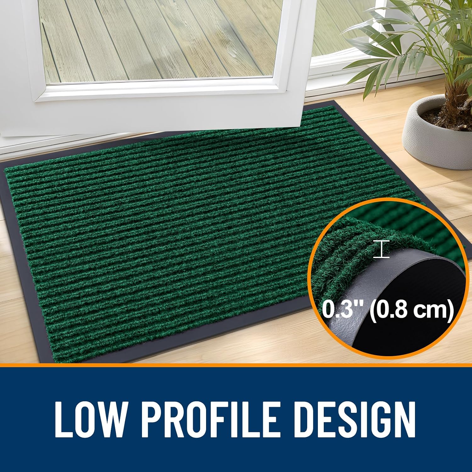 Detalle de OLANLY 40 x 32-Inch Front Door Mat, Low-Profile Polyester, Green Stripes