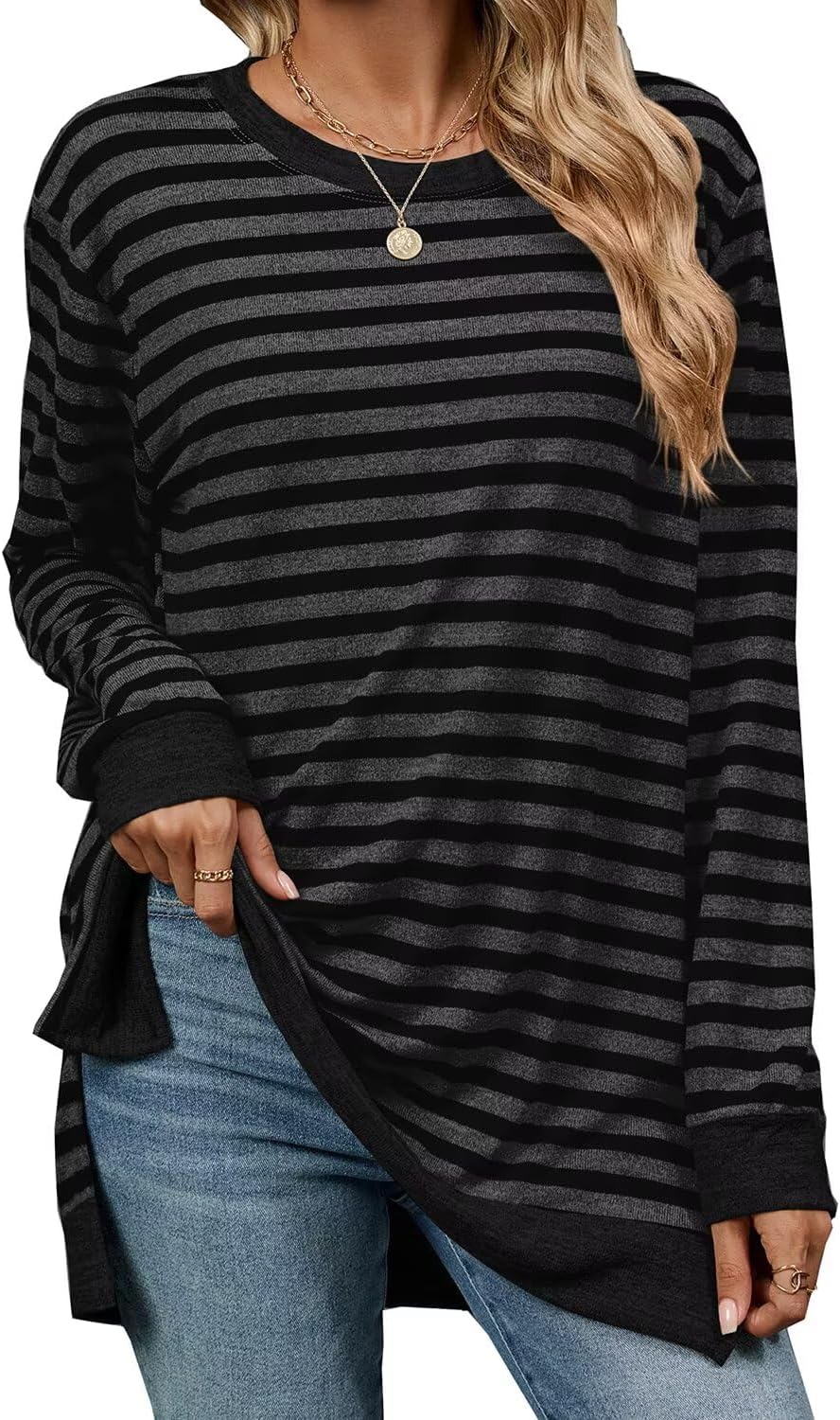 Detalle de WELINCO Women's Long-Sleeve Colour-Block Tunic Top with Side Splits