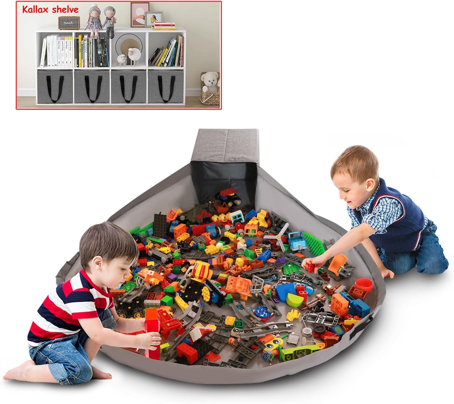 Detalle de Spielzeug Tasche für Lego Spielmatte – Duplo Aufbewahrung mit Deckel, Grau, 13x13x13 Zoll