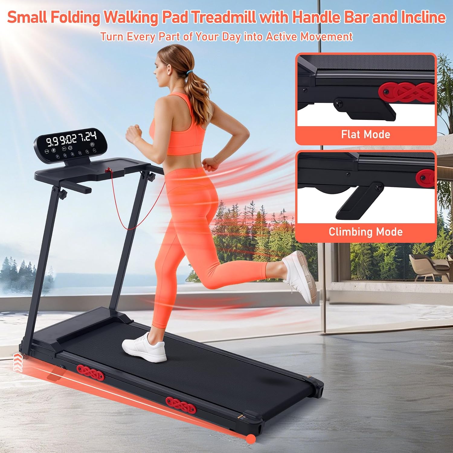 Detalle de MCRG 380QM-5L6 Walking Pad Treadmill with Incline, 3.5 HP, 12 Programs