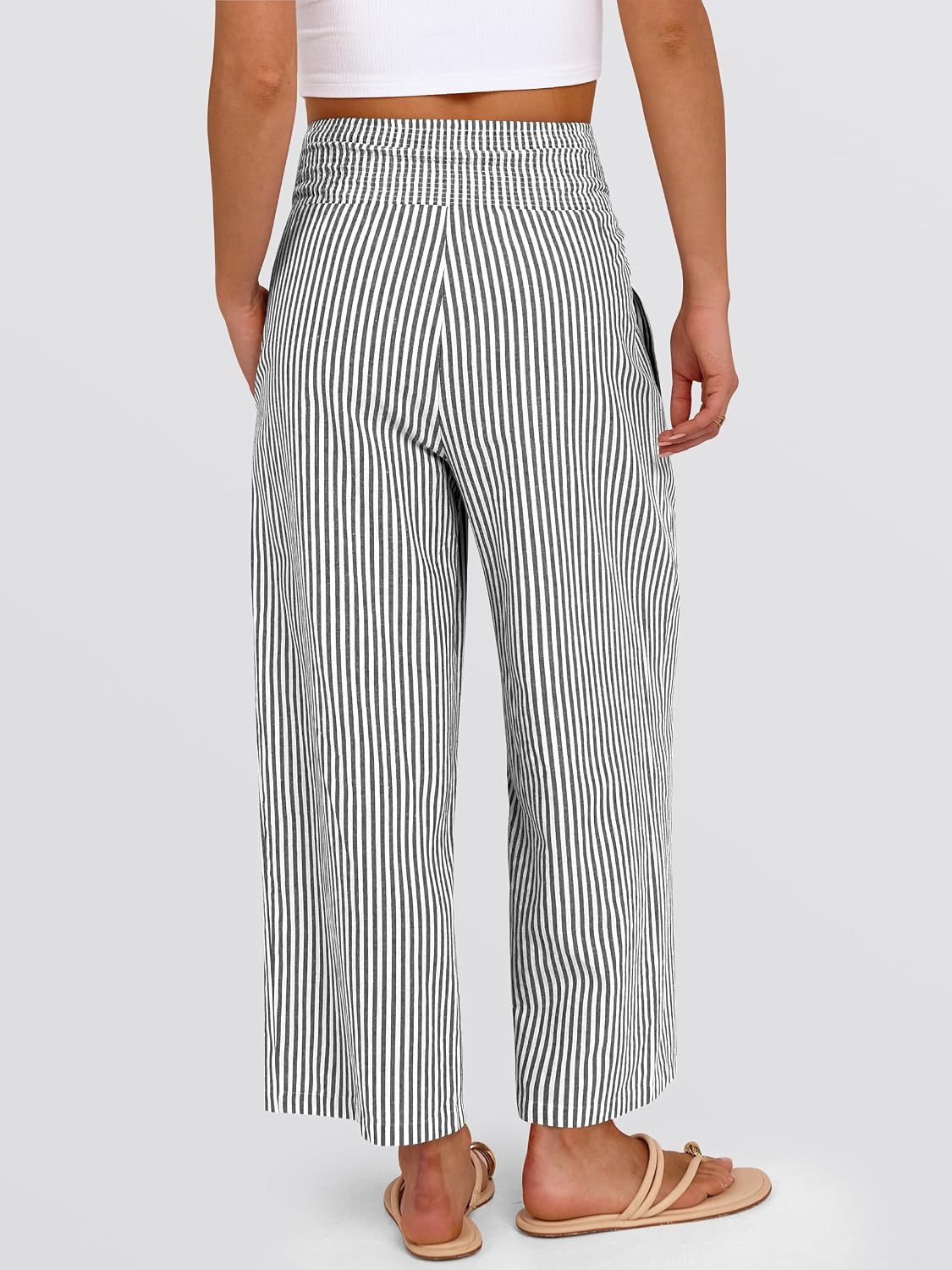 Detalle de ANRABESS Striped Gingham Palazzo Pants — High-Waisted, Cropped Wide-Leg Lounge Bottoms