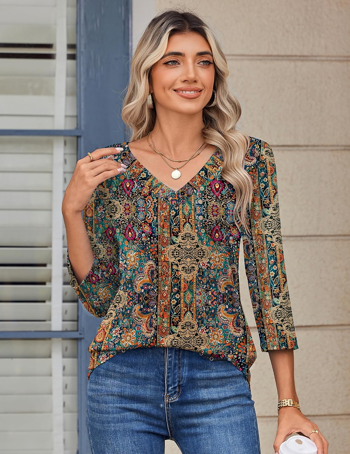 Detalle de Zeagoo 3/4 Sleeve V-Neck Dressy Casual Blouse (S-2XL)