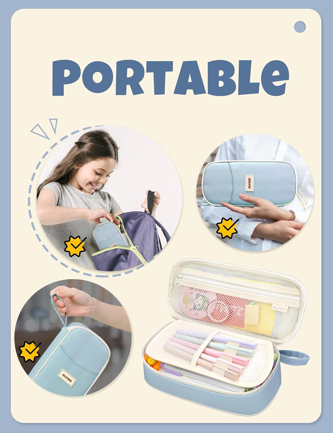 Detalle 2 de SUNEE Cute Pencil Case: Blue Large Kawaii Stationery Organizer