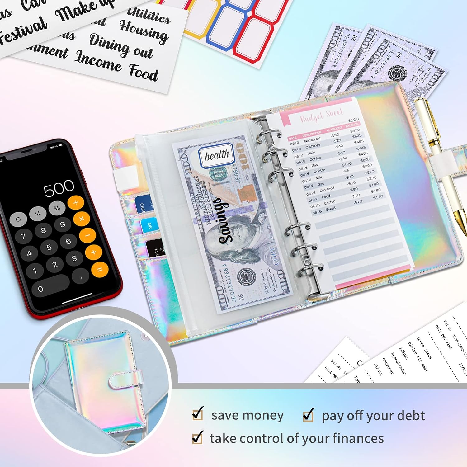 Thumbnail 6 de Onlyesh 28Pcs-Shiny-Book Budget Binder with Waterproof Cash Envelopes, Silver