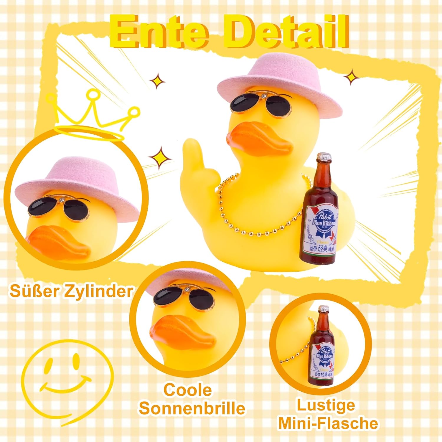Detalle de Mwmoeen Gummi Ente für Auto – einzigartige Gelb-Enten-Dekoration mit Top-Hut, Halskette und Flasche
