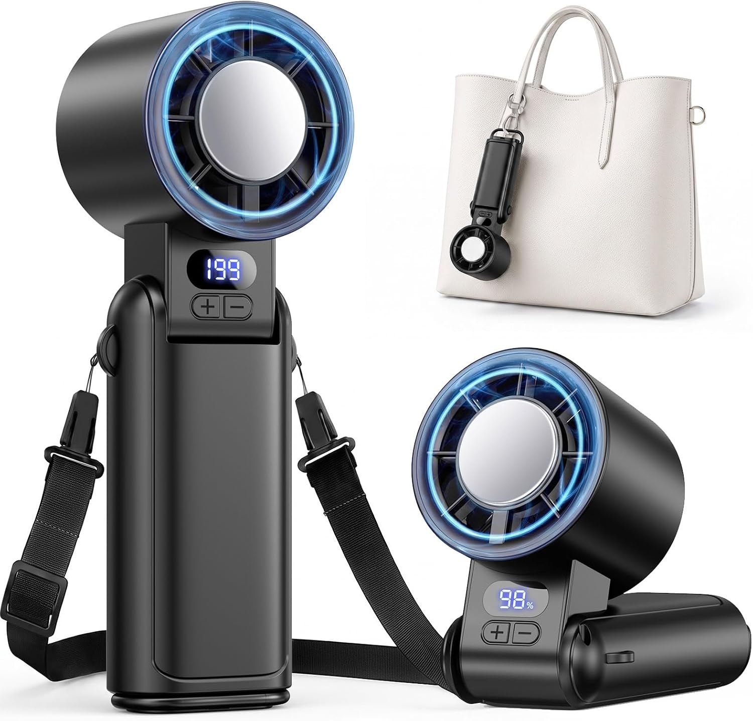 Detalle de Deyhoc Handheld Fan Rechargeable with LED Display and Clip: 3-in-1 Portable Cooling