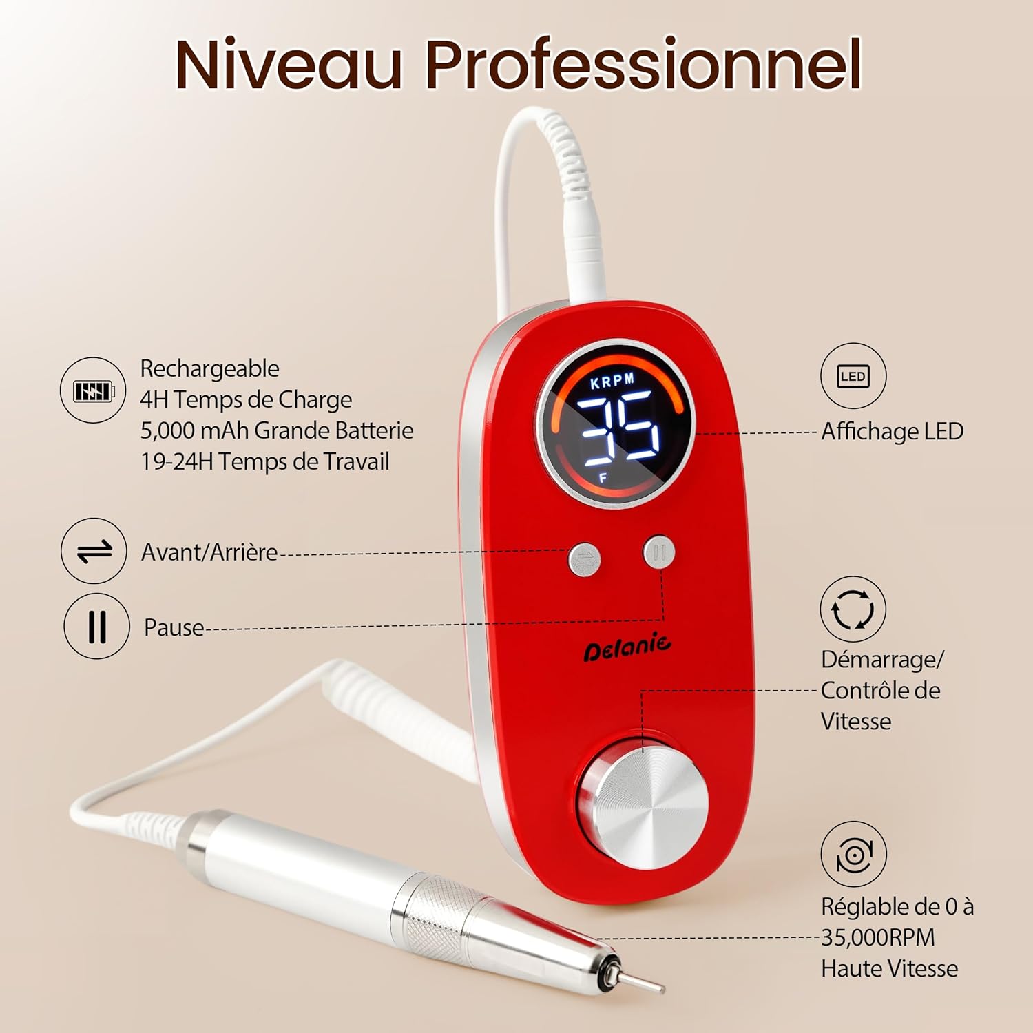 Thumbnail 3 de Delanie Ponceuse pour Ongles sans noyau – 35000 RPM, sans fil, kit complet