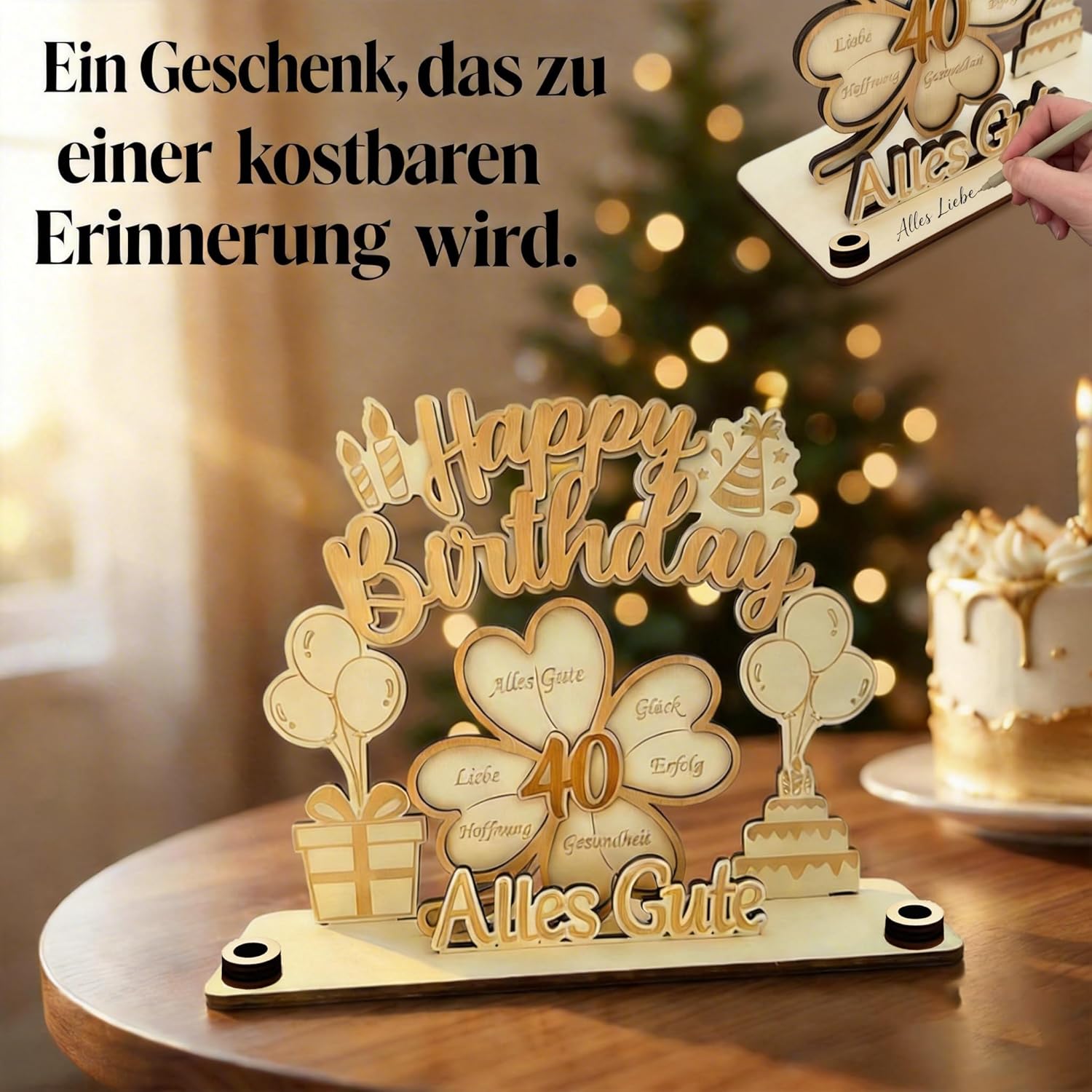 Detalle de 40 Geburtstag Geldgeschenk für Männer und Frauen – personalisierte Holzdekoration mit 3D Glückskleeblatt, LED-Beleuchtung und verpacktem Geldgeschenk