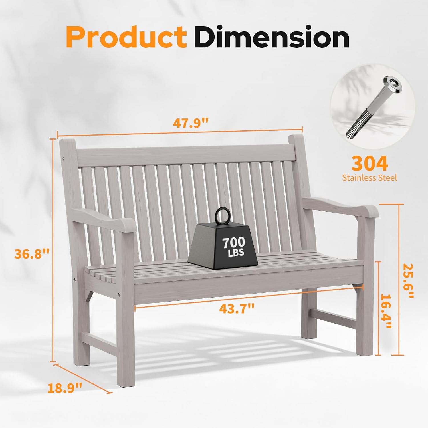 Detalle de Psilvam MTOB01 Outdoor Bench for Two, Grey, 700 lb Capacity