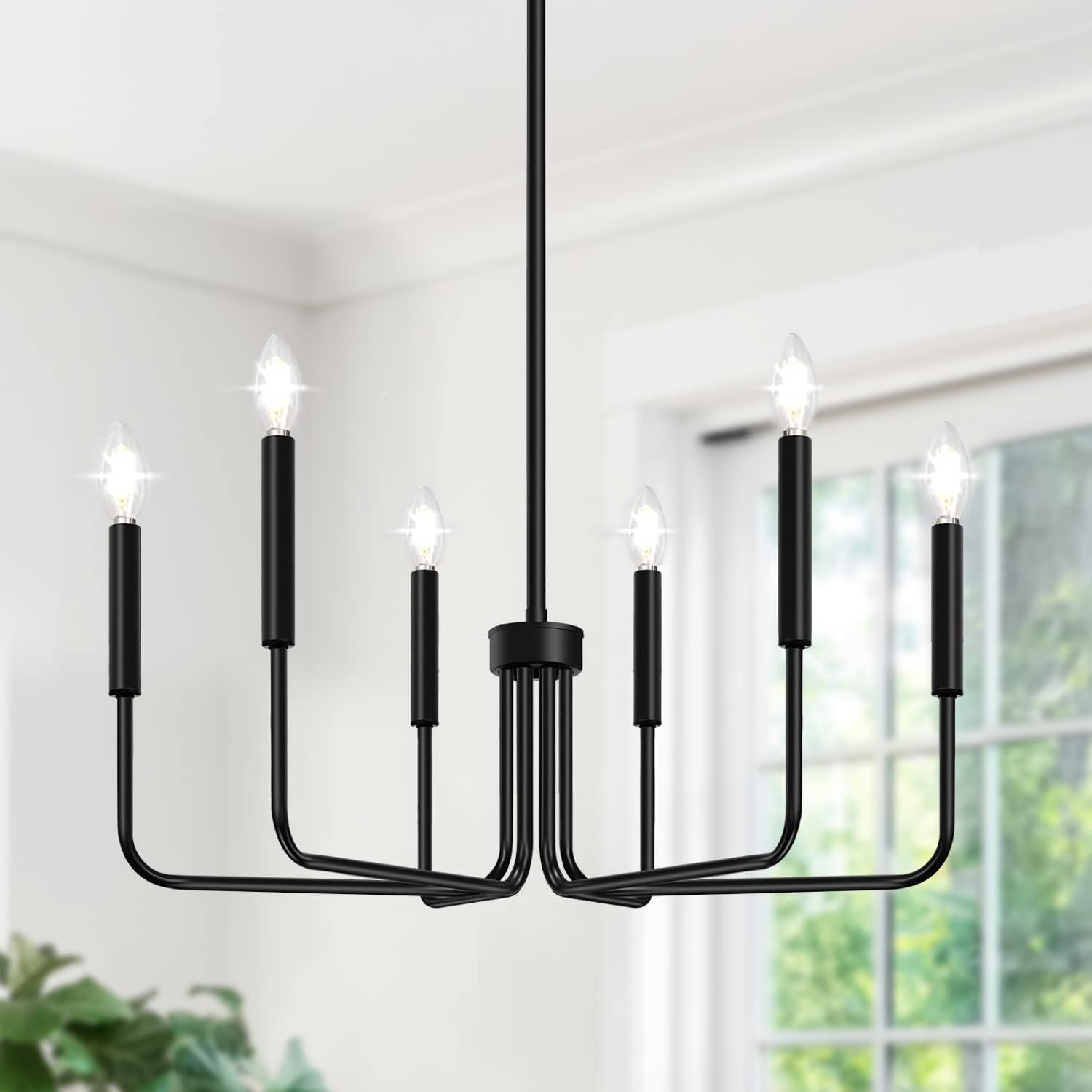 Detalle de Lynnoland L220028P6 6-Light Black Farmhouse Chandelier, Adjustable Height