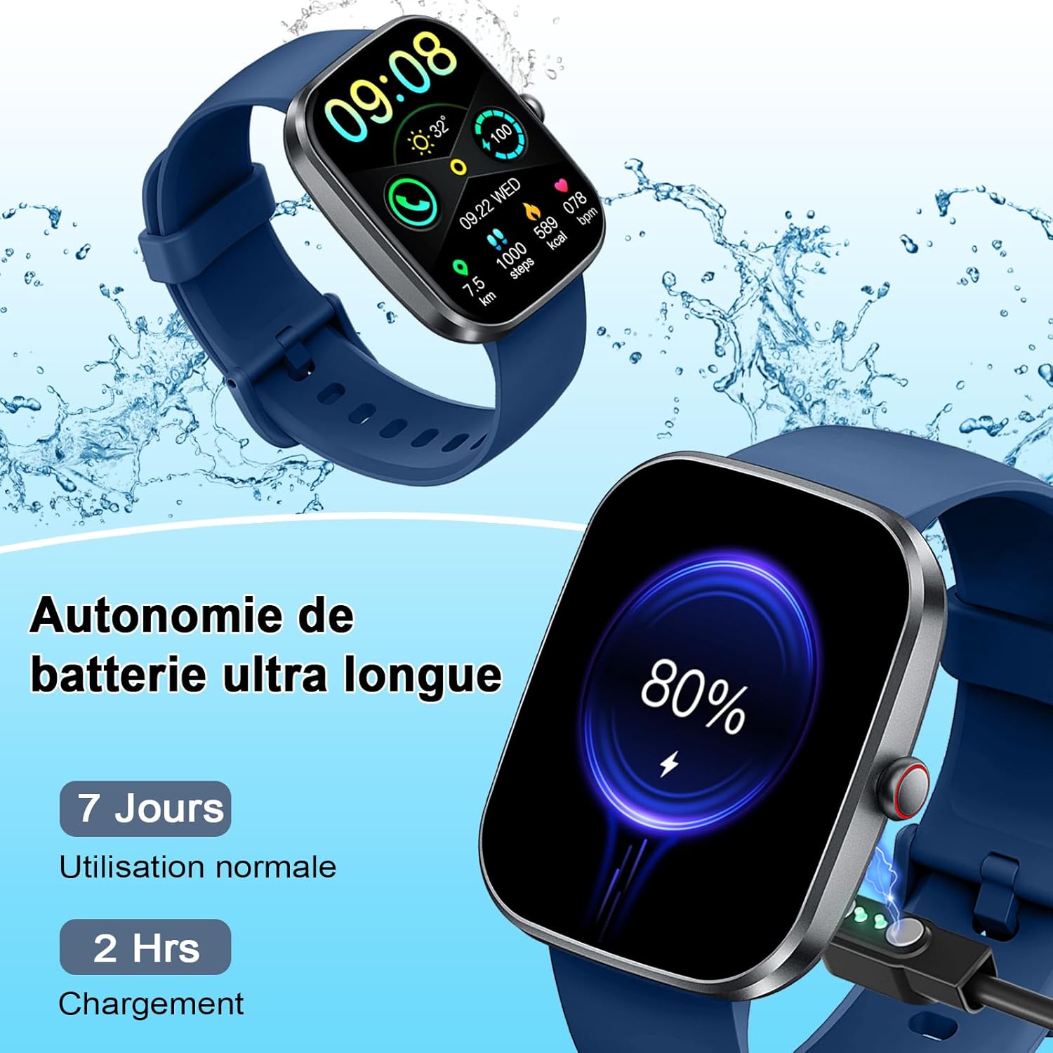 Detalle 2 de Montre Connectée 1.91'' HD pour Homme et Femme — appels Bluetooth, 110+ modes sportifs, IP68