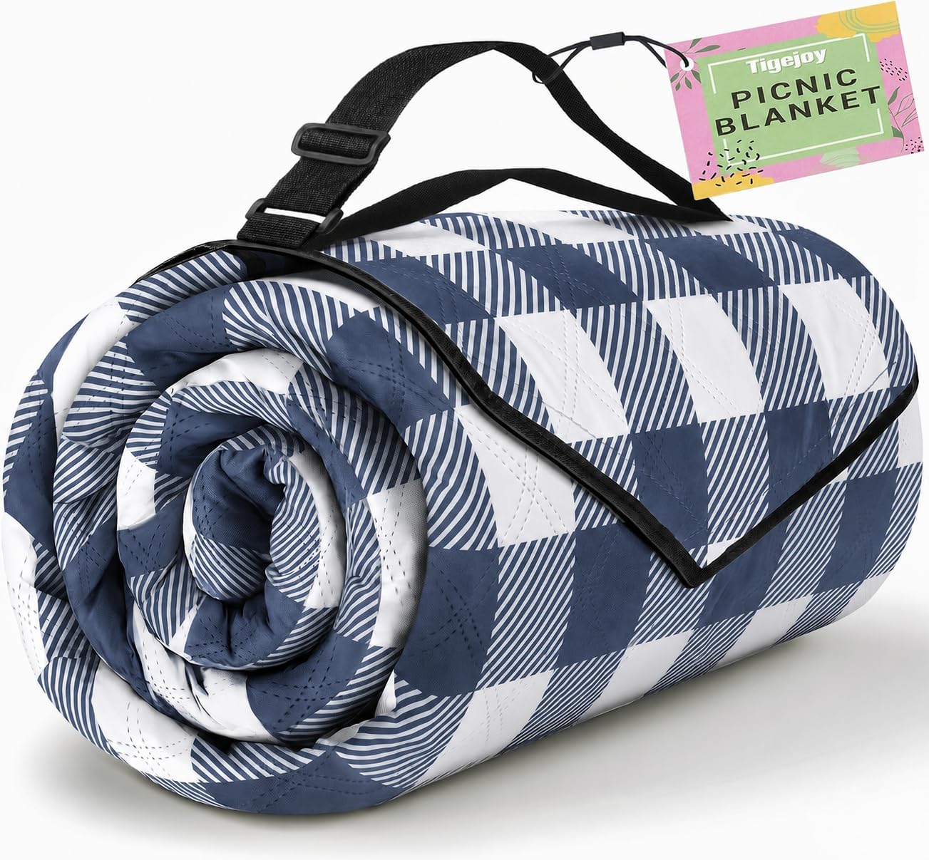 Detalle de TigeJoy picnic mat 80 x 80-Inch Waterproof Picnic Blanket, Blue Plaid