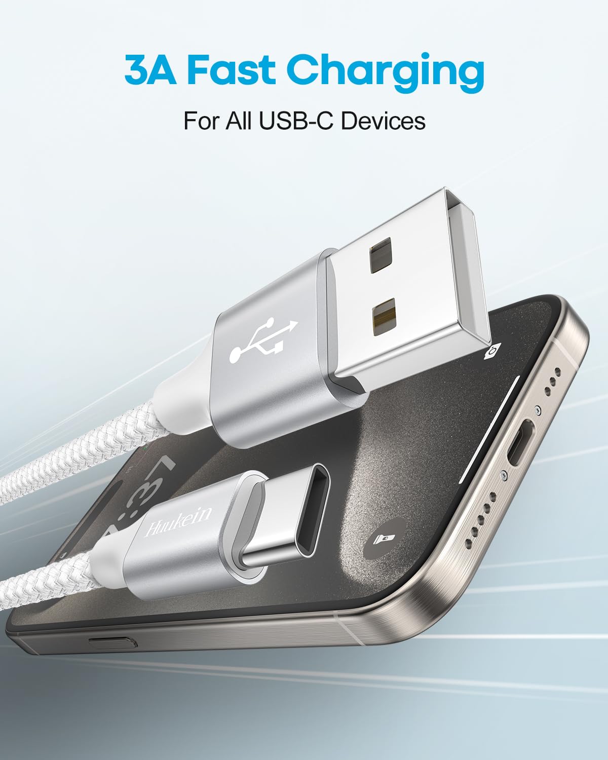 Thumbnail 1 de Huukein White USB-C Cable (10 ft) — USB-A to USB-C Fast Charging Cord (up to 3A)