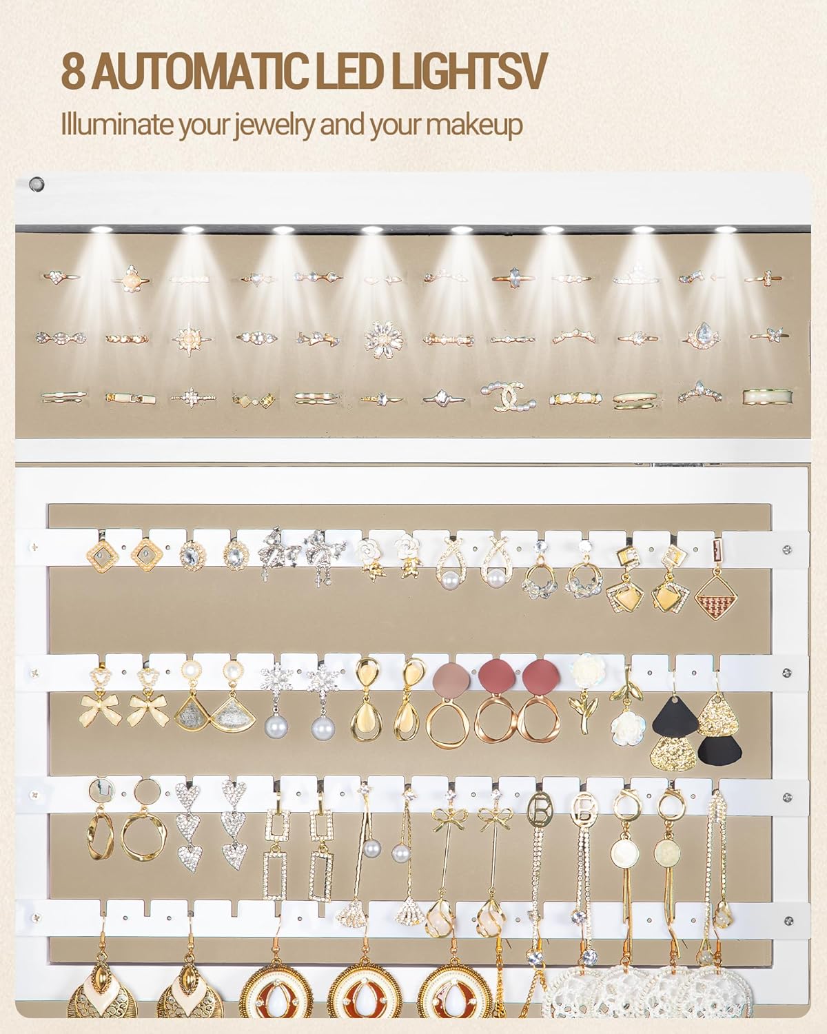 Thumbnail 6 de Hzuaneri Armoire à Bijoux 8 LEDs 175 cm – Organisateur sur Pied avec Miroir Verrouillable et Porte-Vêtements