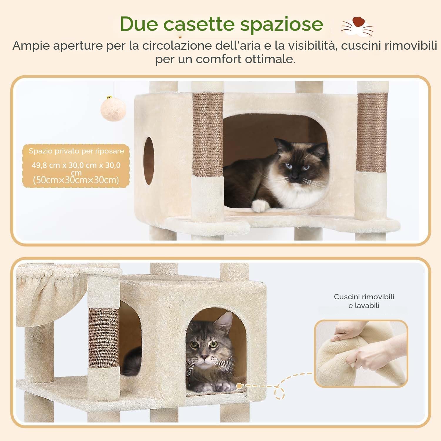 Thumbnail 3 de Globlazer Tiragraffi Beige Grandi Alto 188 cm con 2 Grotta, 2 Cesto e Piattaforma Imbottiti – Antiribaltamento, morbido peluche