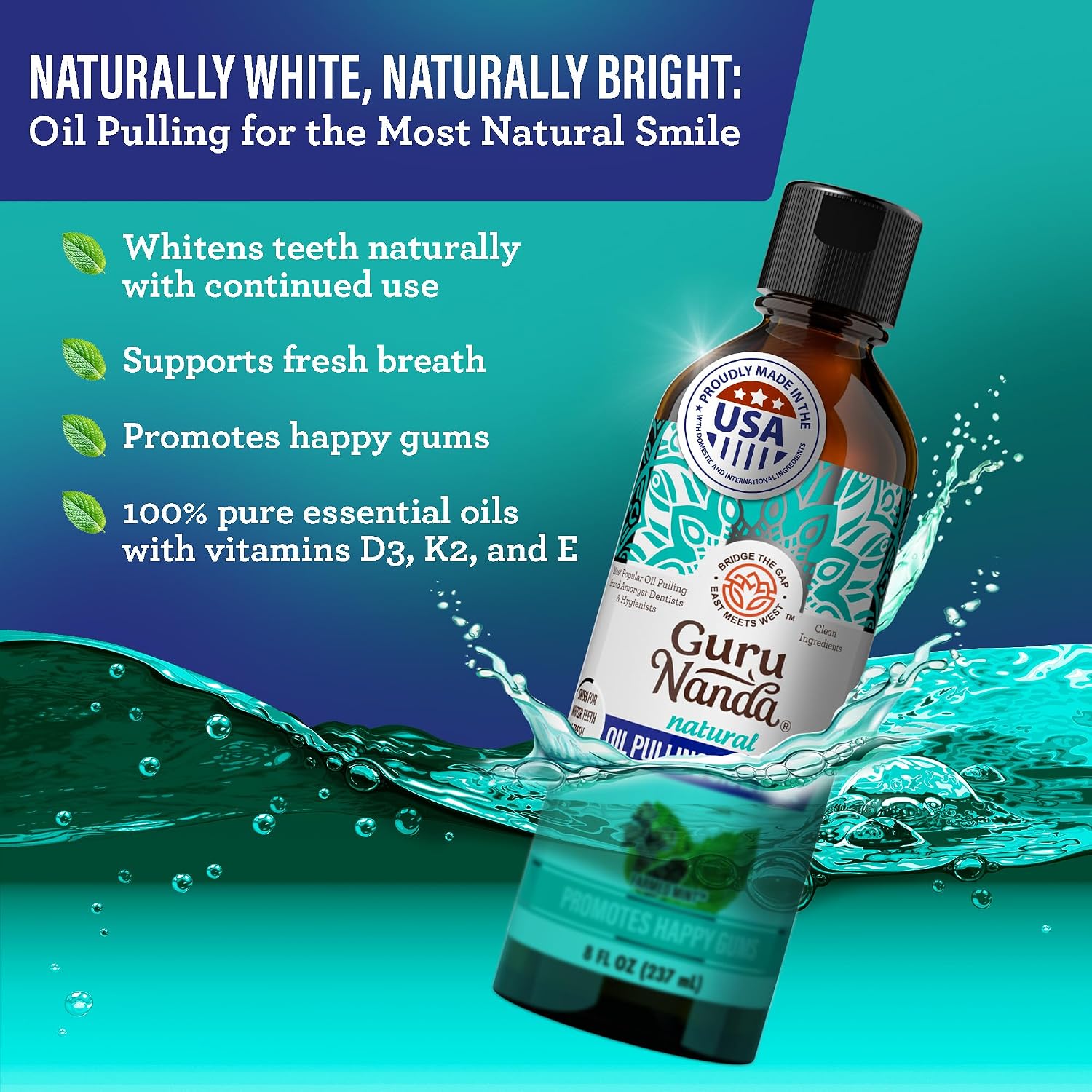 Detalle de GuruNanda Total Smile Makeover Kit Regular with Cocomint Oil Pulling, Dual Barrel Whitening Mouthwash, Whitening Strips & Toothbrushes