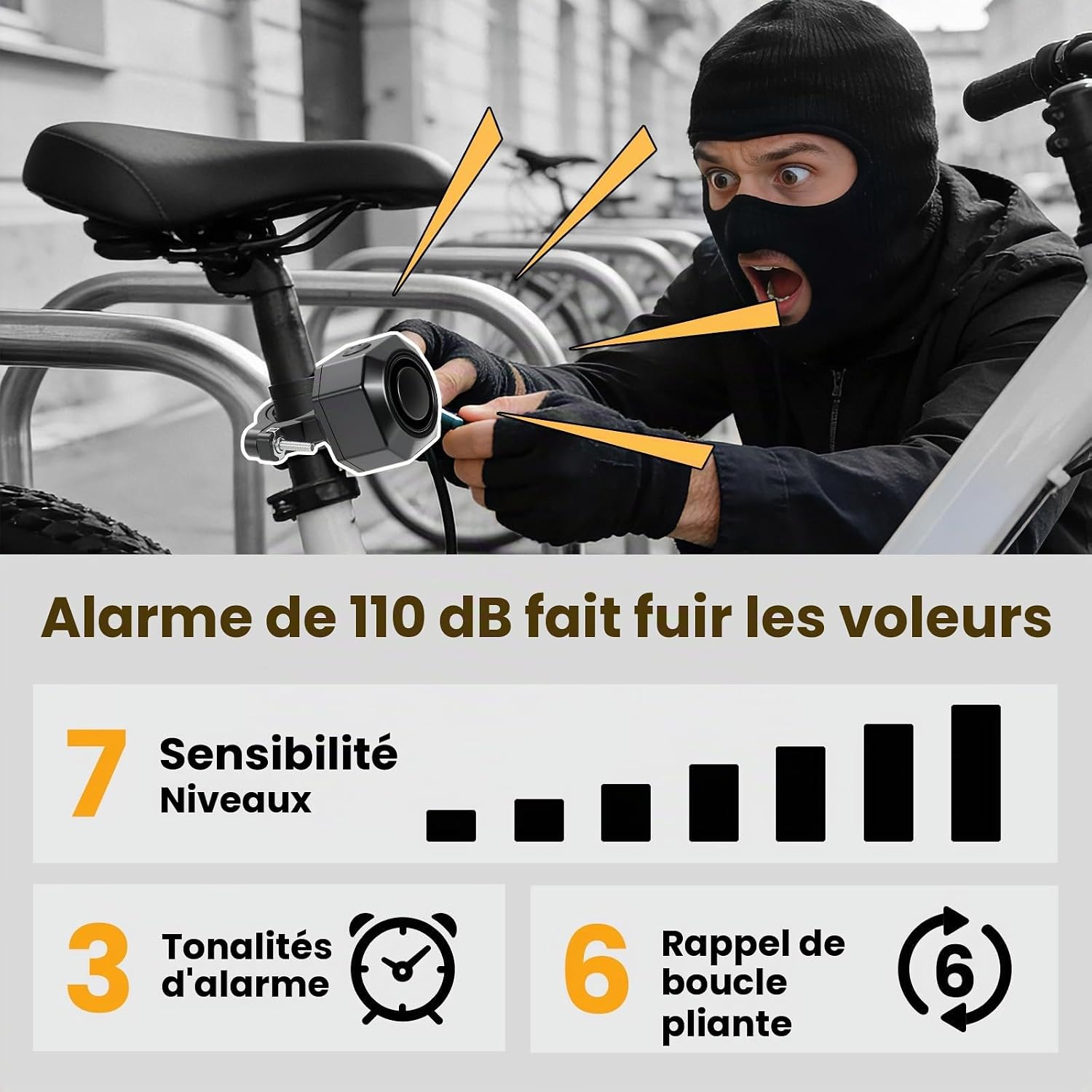 Detalle de Jaxiyun draadloos fiets- en scooteralarm met sirene van 110 dB