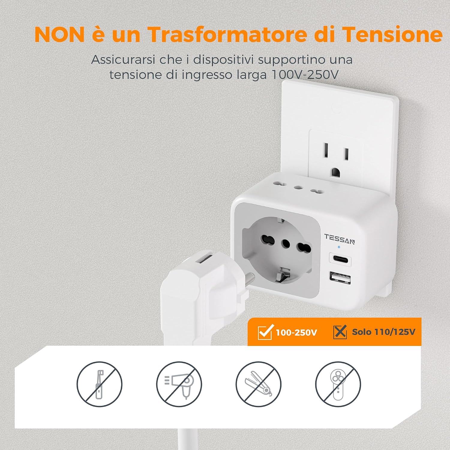 Thumbnail 3 de Adattatore Presa Americana Italiana 5 in 1 in Pack da 2 — USB-C e USB-A, 1875 W, uso internazionale