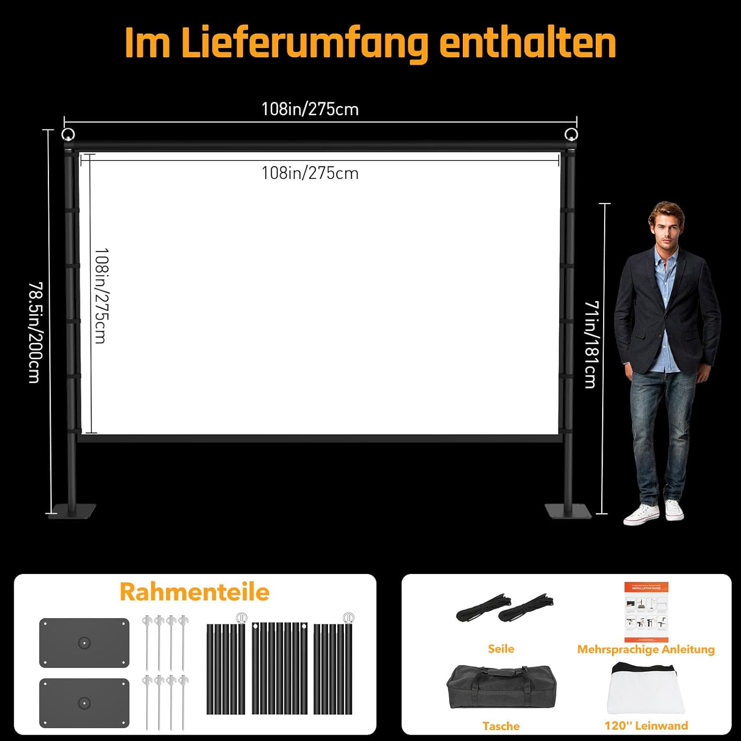 Thumbnail 5 de LEORFI Outdoor-Beamer-Leinwand mit Ständer, 120 Zoll, faltbar (Front-/Rückprojektion)