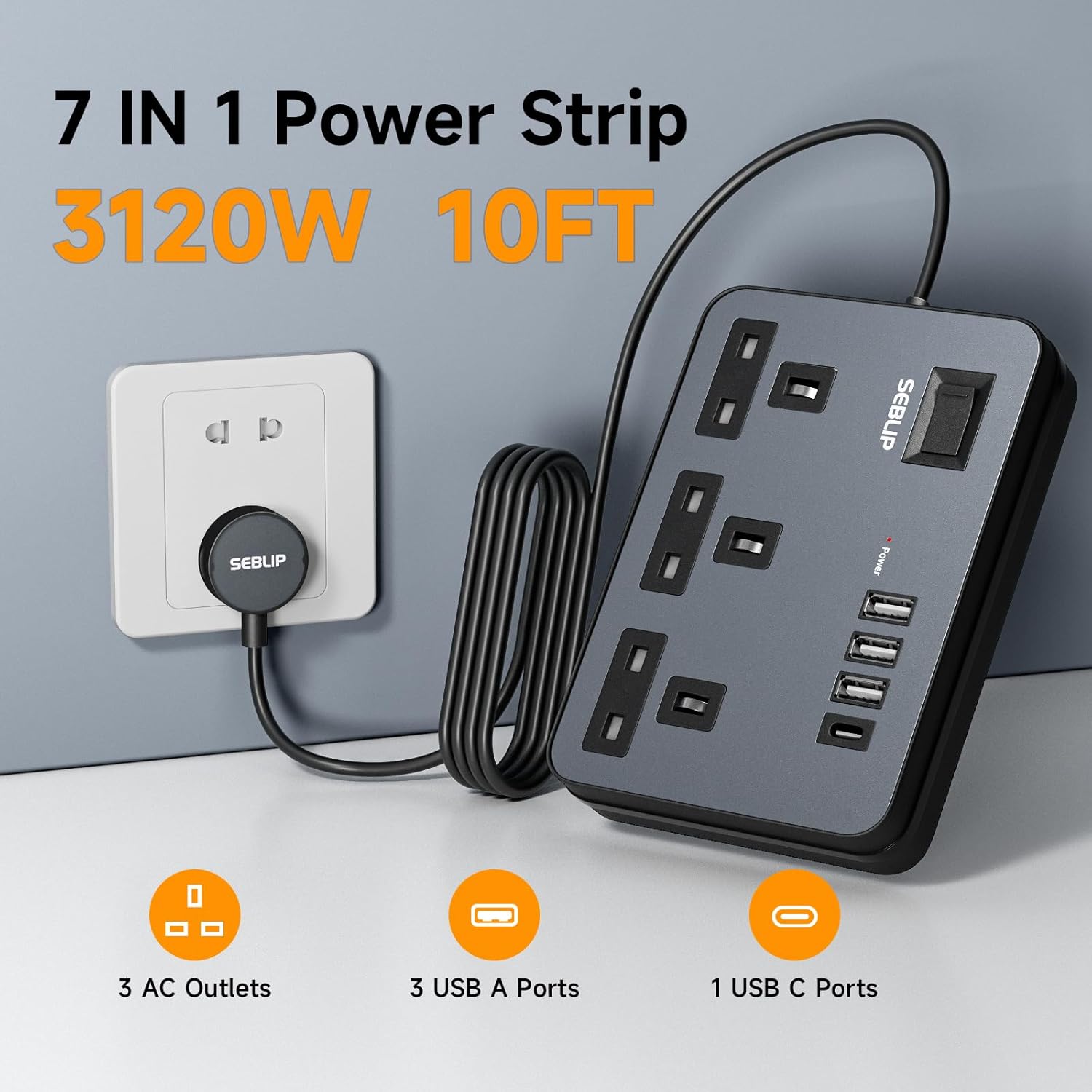 Thumbnail 1 de Extension Lead with 4 USB Slots, 3-Way Plug Power Strip with Switches – 5m Black
